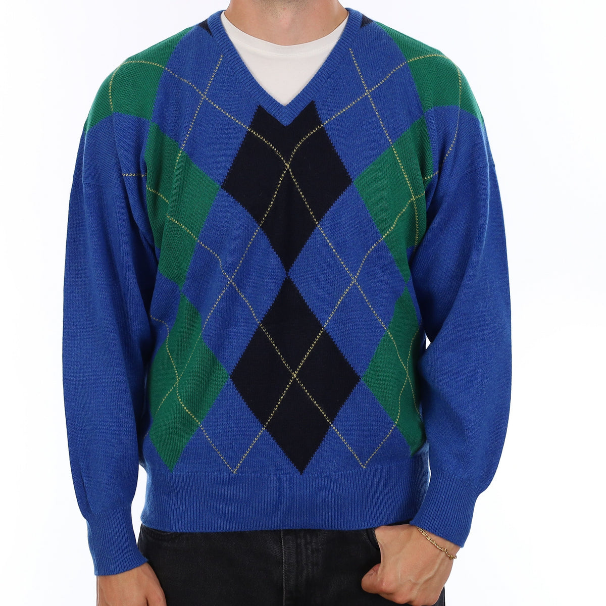 Men's Vintage Scottish Blue Argyle Cashmere V Neck Jumper XL