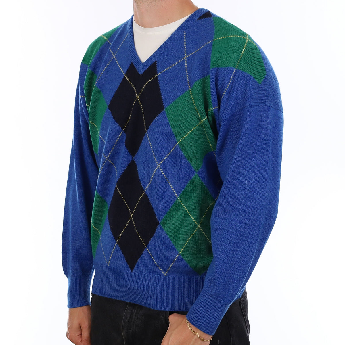 Men's Vintage Scottish Blue Argyle Cashmere V Neck Jumper XL