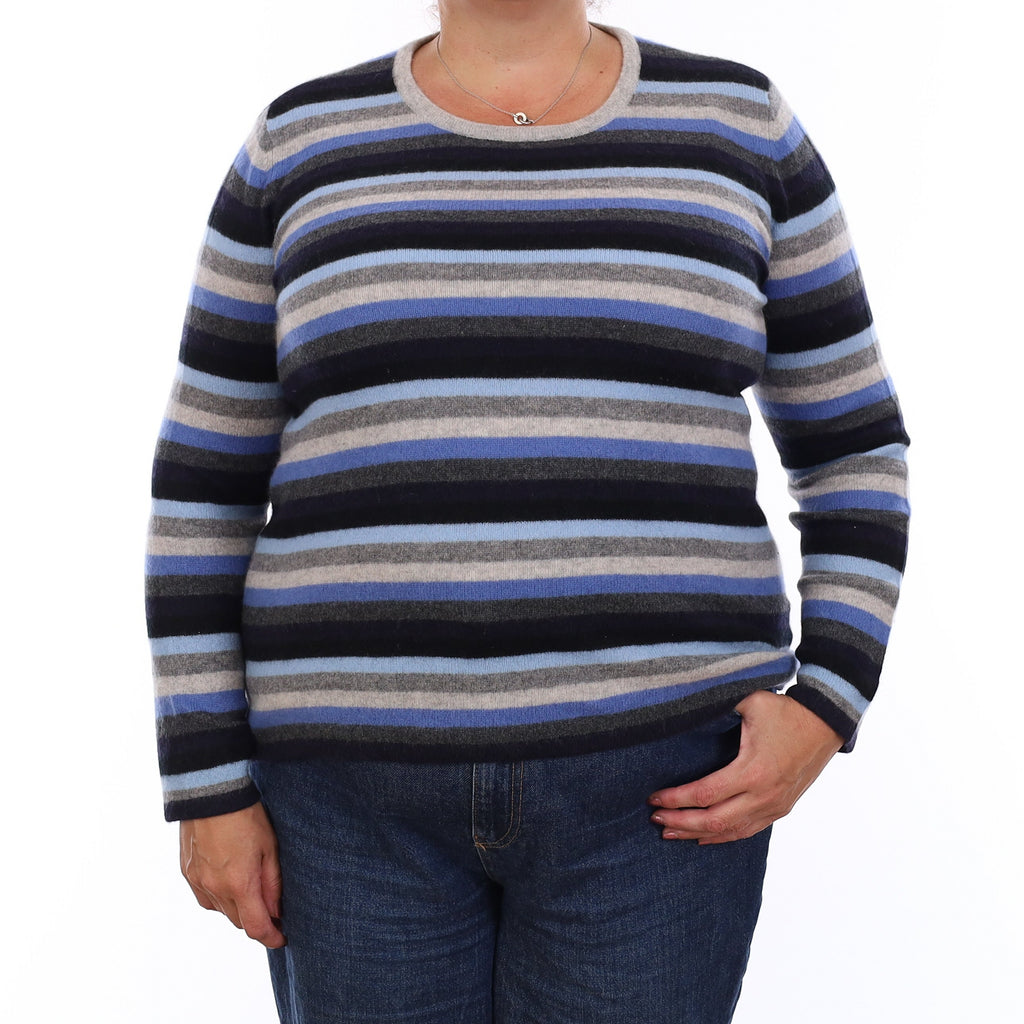 Blue and Grey Stripe Cashmere Crew Neck Jumper Extra Large