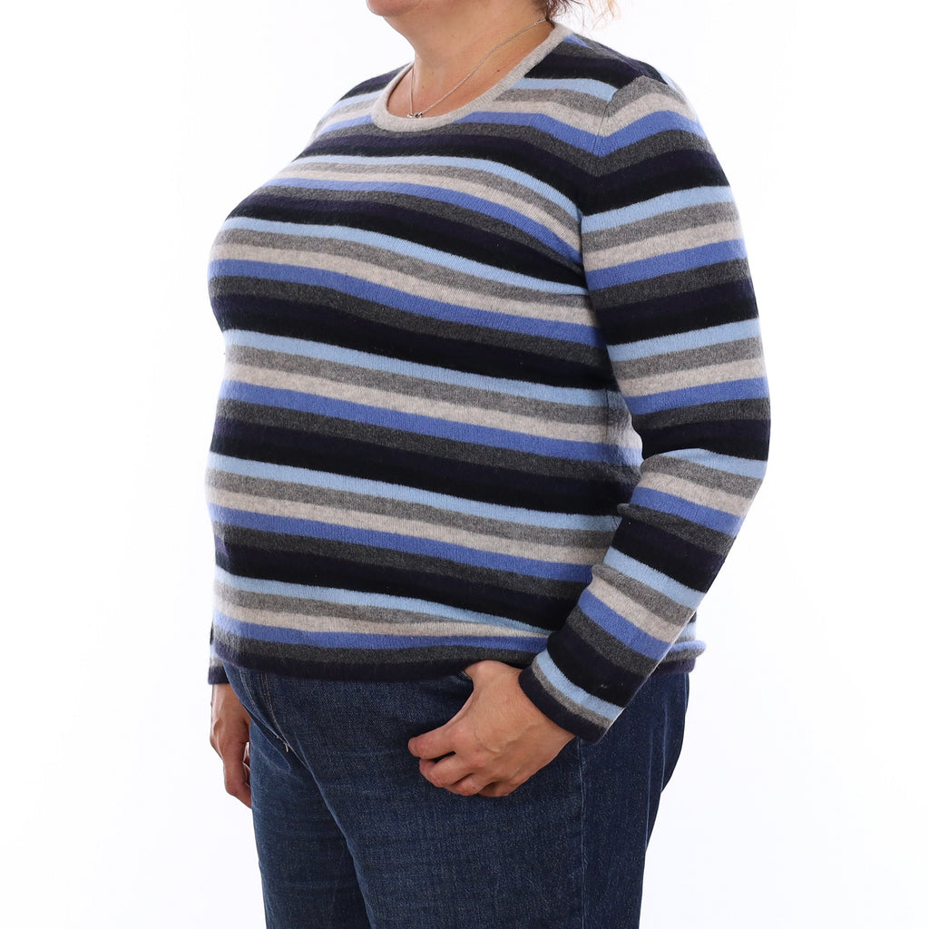 Blue and Grey Stripe Cashmere Crew Neck Jumper Extra Large
