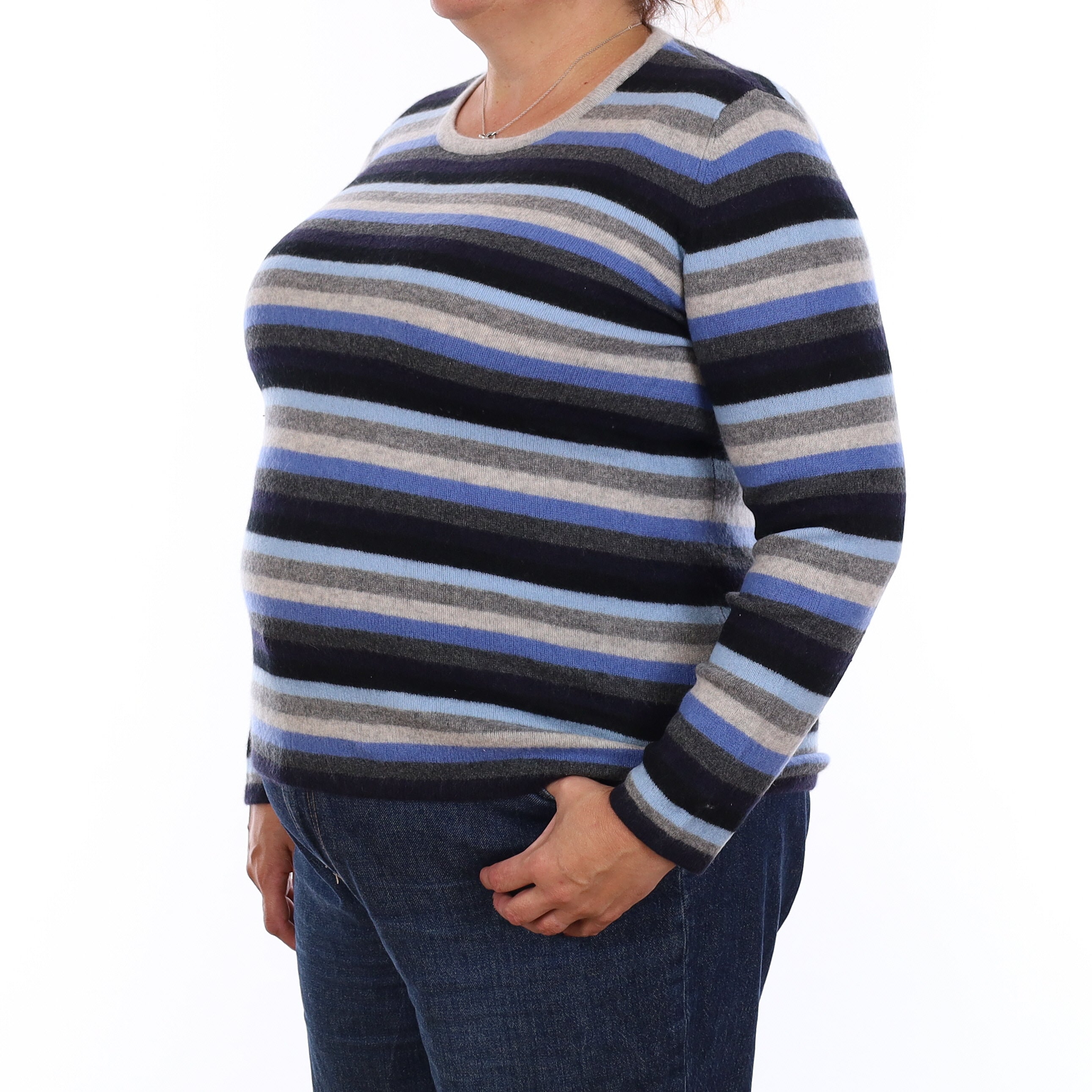 Blue and Grey Stripe Cashmere Crew Neck Jumper Extra Large