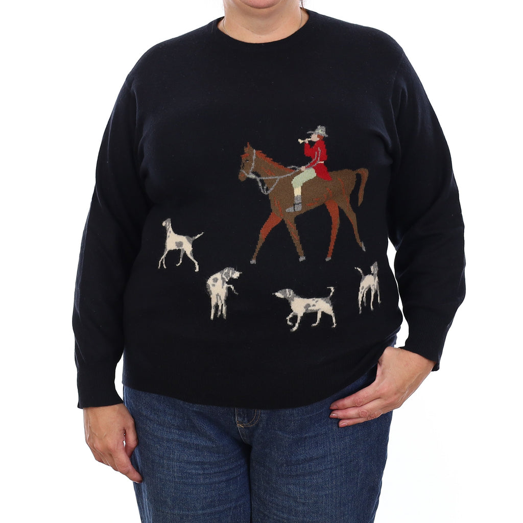 Black Hunt Scene Cashmere Crew Neck Jumper Extra Large