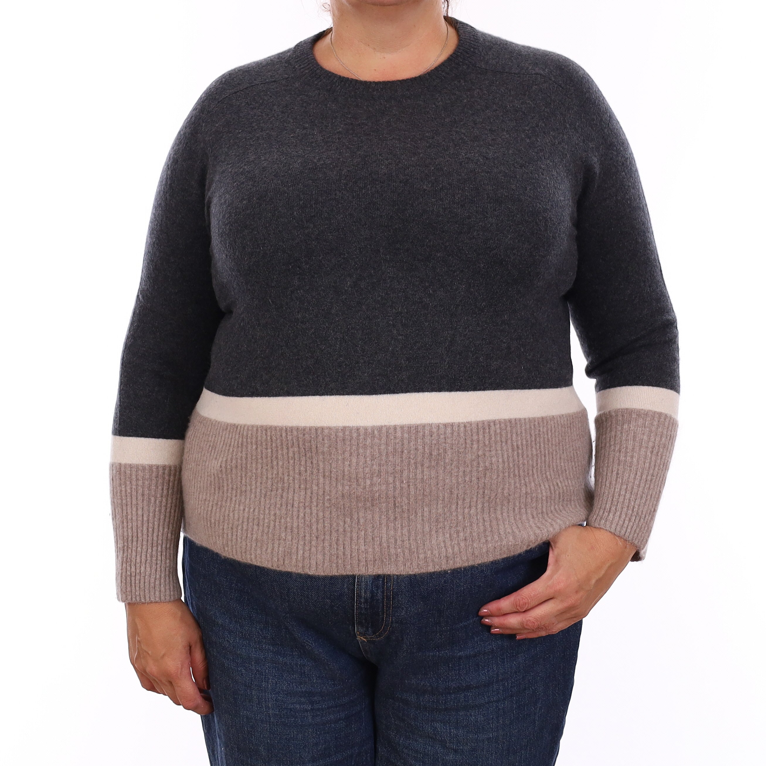 Grey Colour Block Cashmere Crew Neck Jumper Extra Large