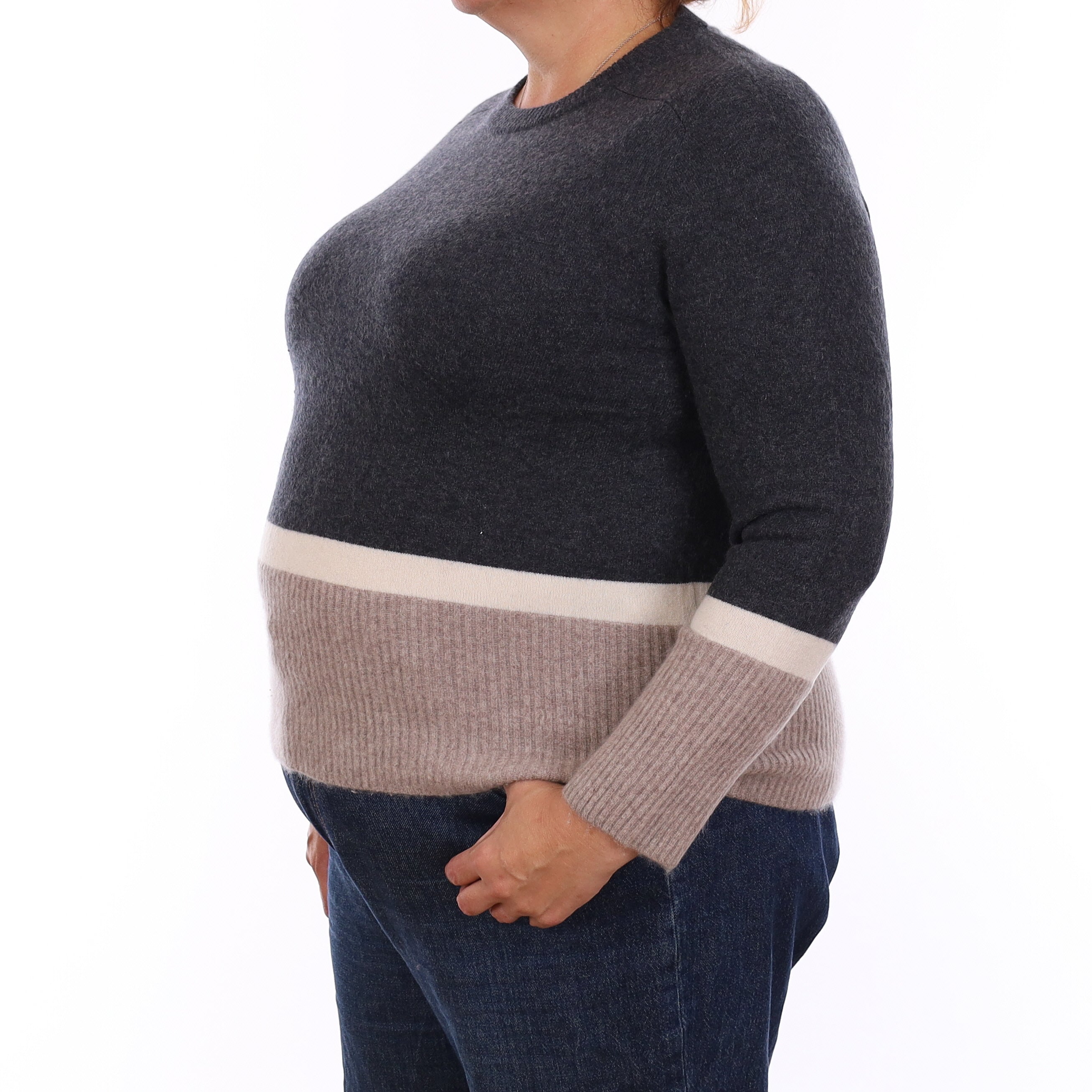 Grey Colour Block Cashmere Crew Neck Jumper Extra Large