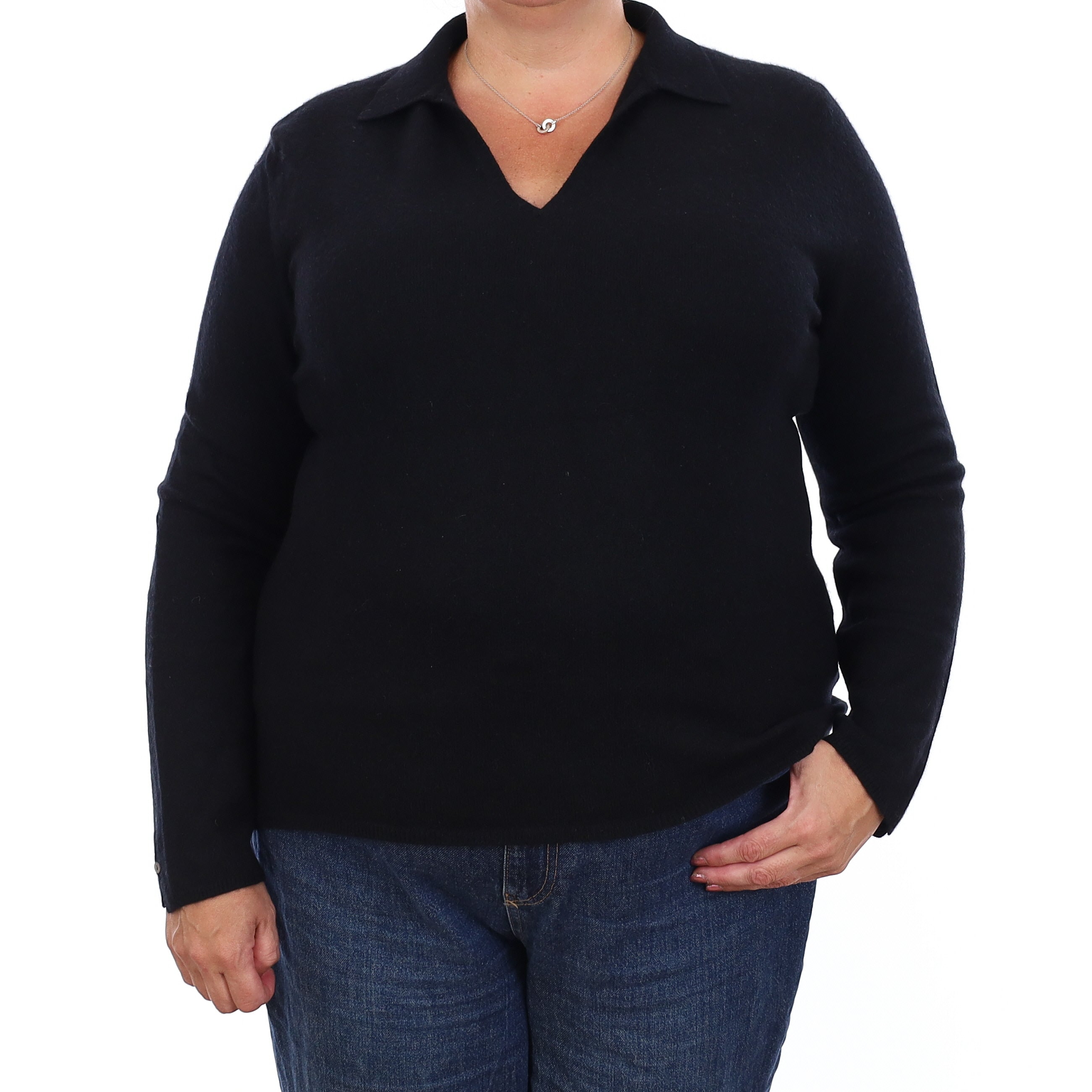 Black Cashmere Collared V Neck Jumper Extra Large