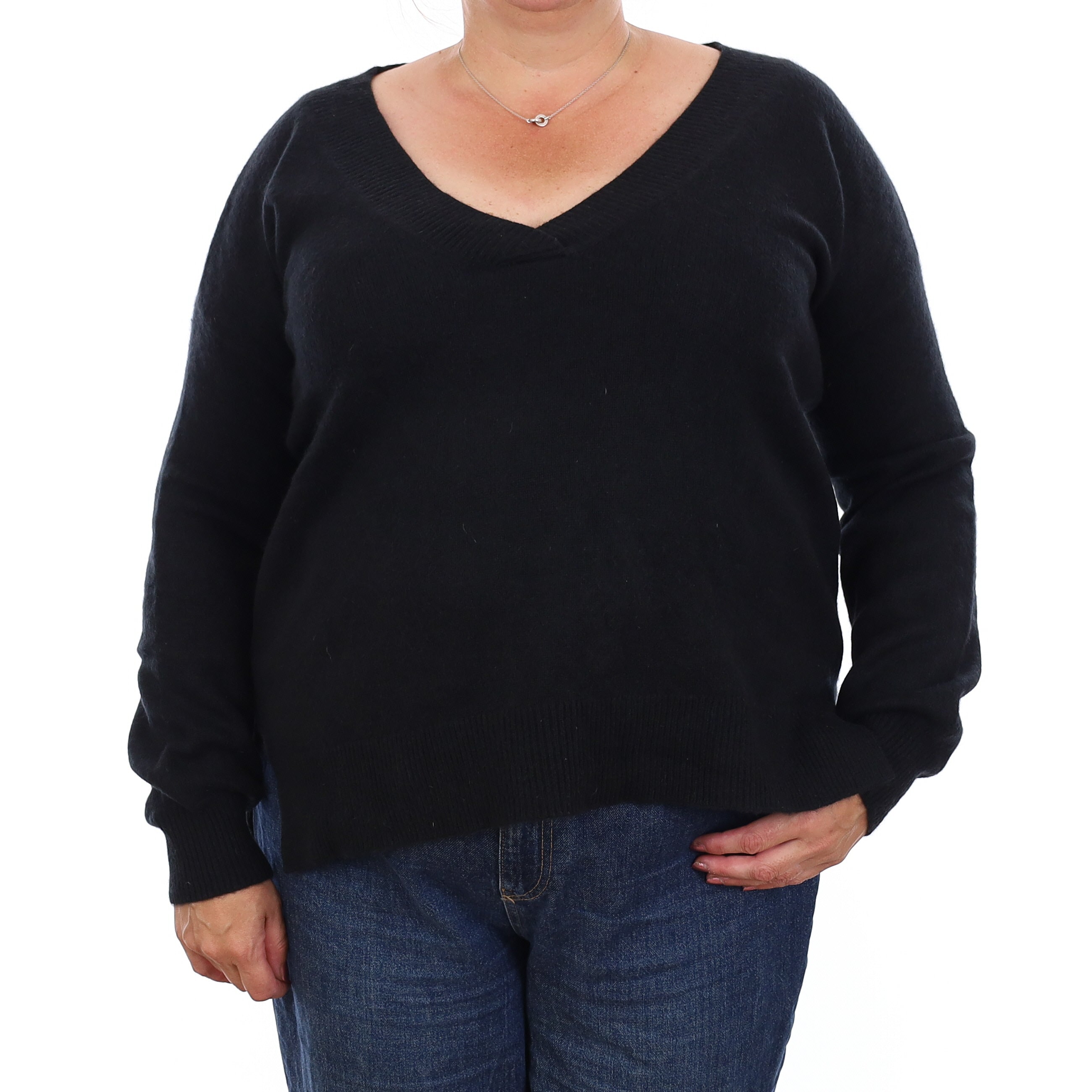 Black Chunky Cashmere V Neck Jumper Extra Large