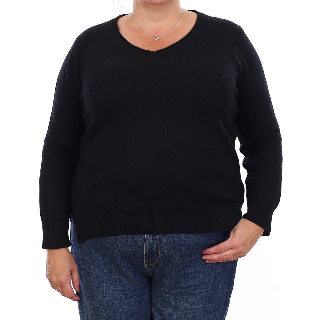 Black Heavy Knit Cashmere V Neck Jumper Extra Large