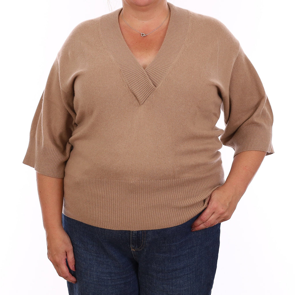 Camel Brown Cashmere Short Sleeve V Neck Jumper Extra Large