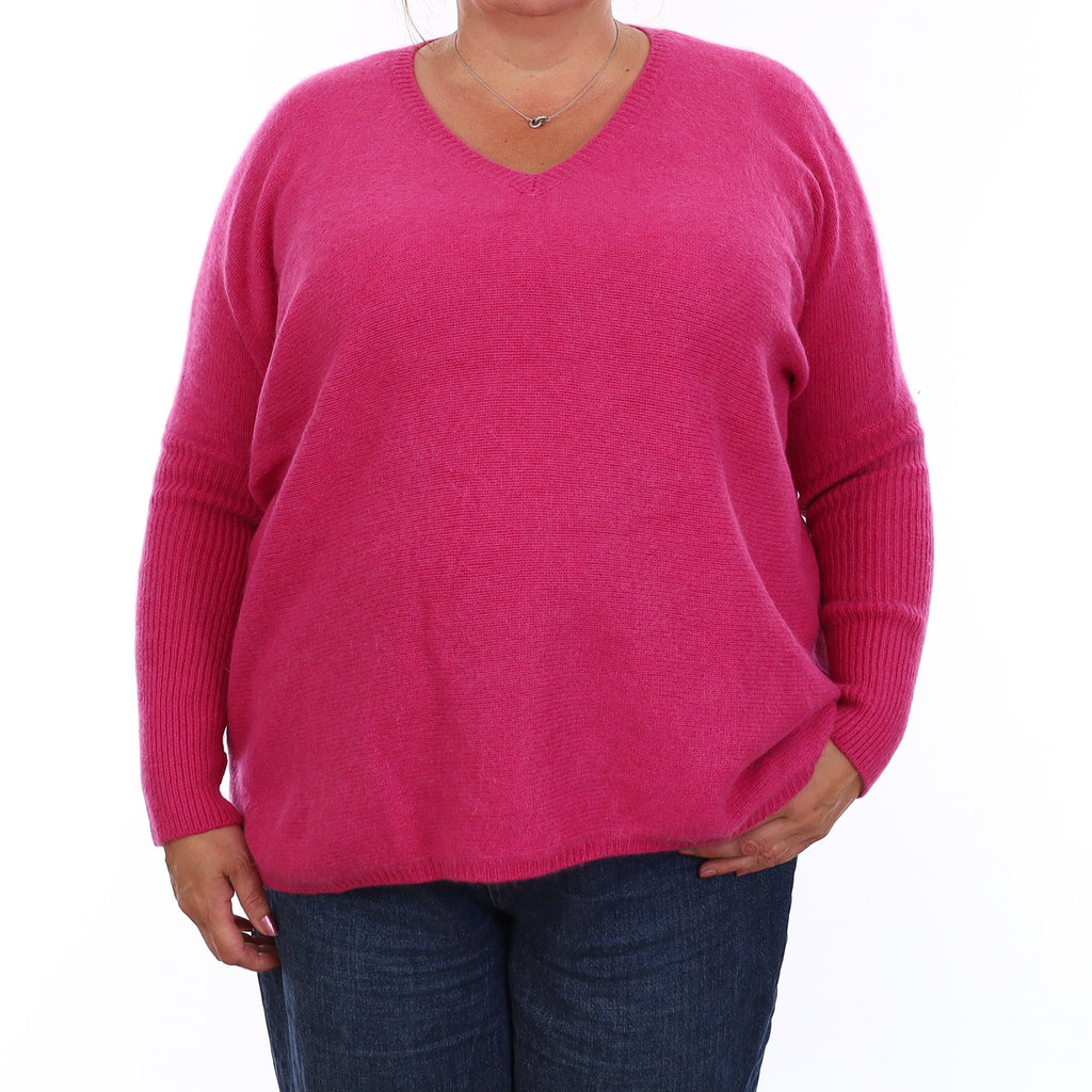Notshy Fuchsia Pink Chunky Cashmere V Neck Jumper Extra Large