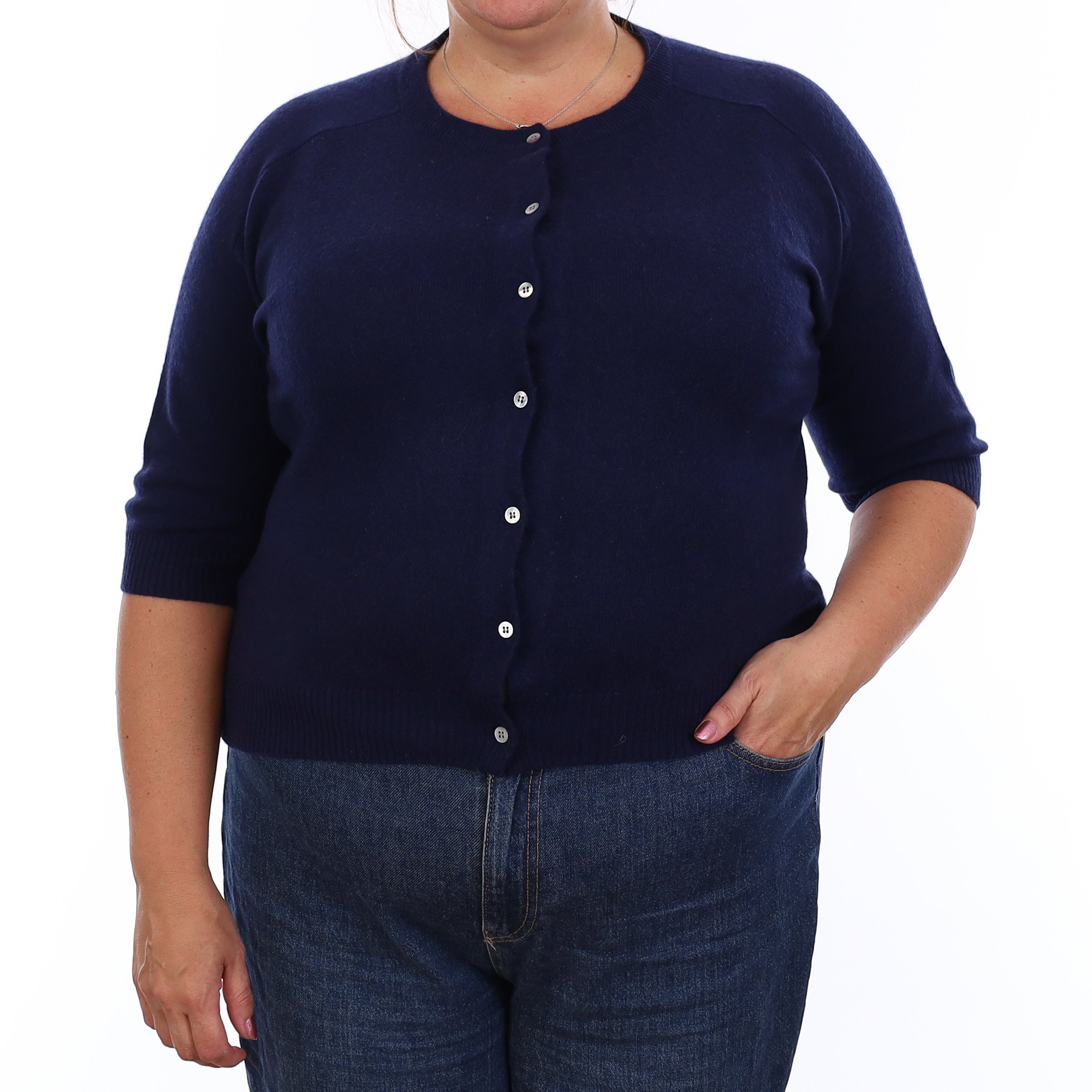 Navy Cashmere Short Sleeve Crew Neck Cardigan Extra Large
