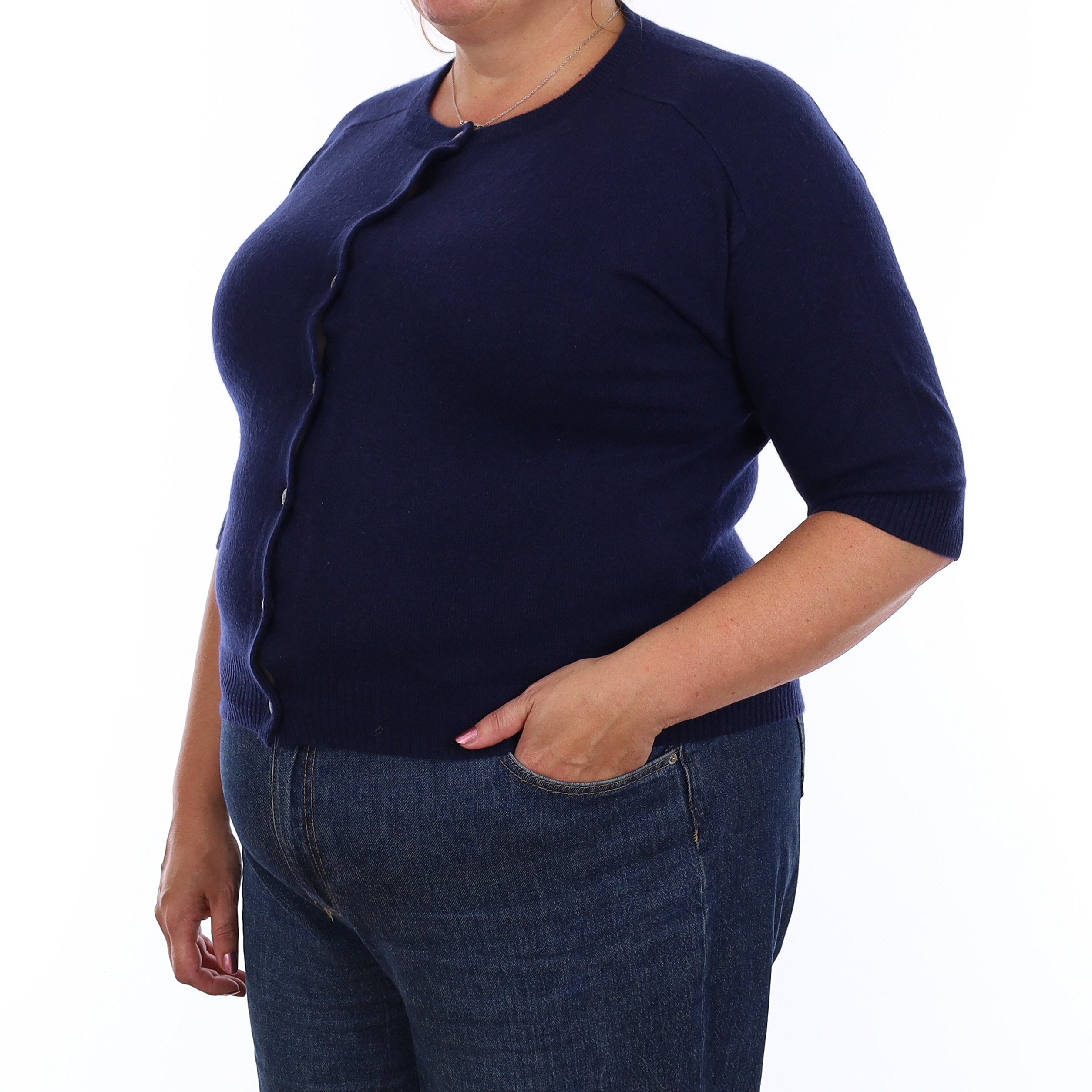 Navy Cashmere Short Sleeve Crew Neck Cardigan Extra Large