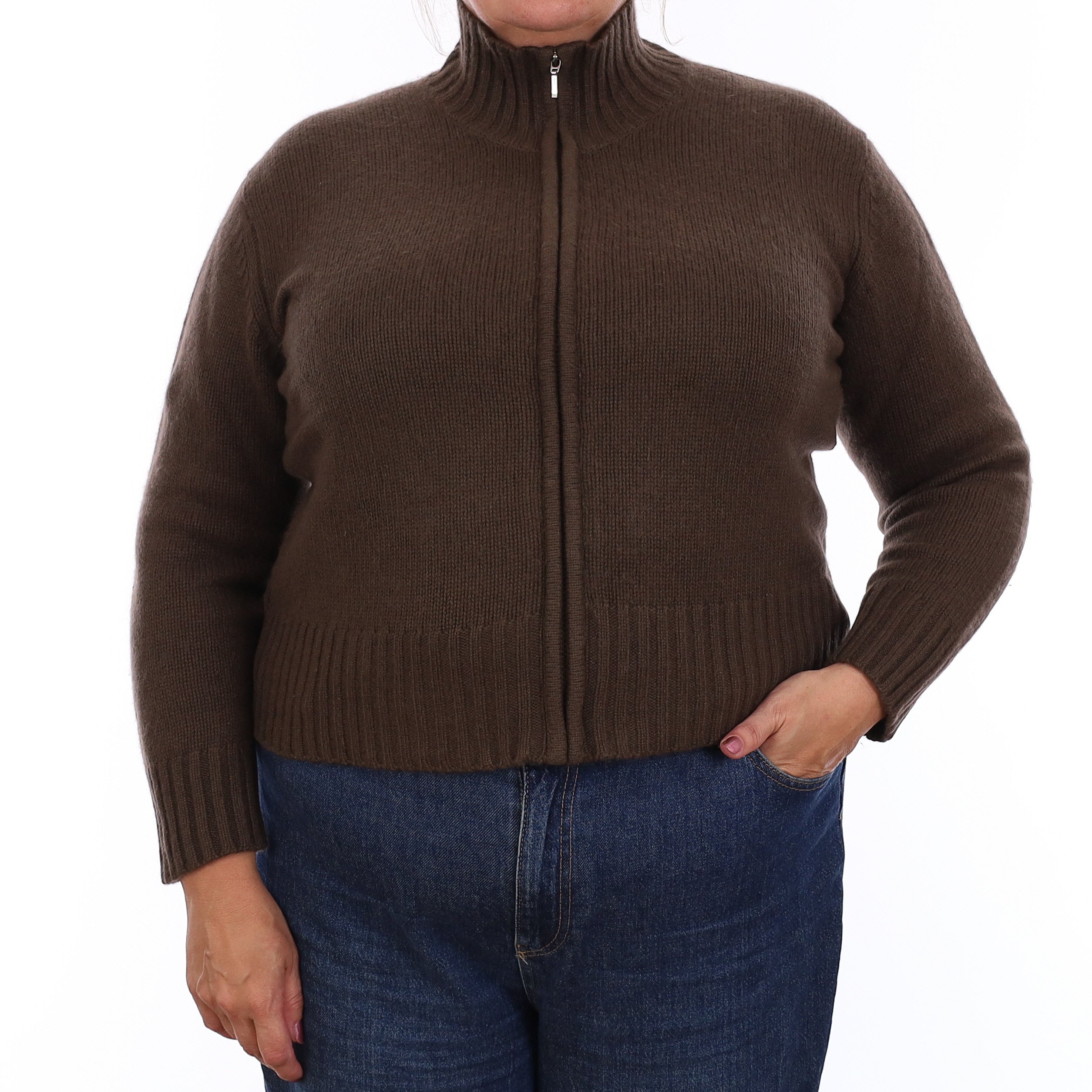Chocolate Brown Chunky Cashmere Zip Up Turtle Neck Cardigan Extra Large