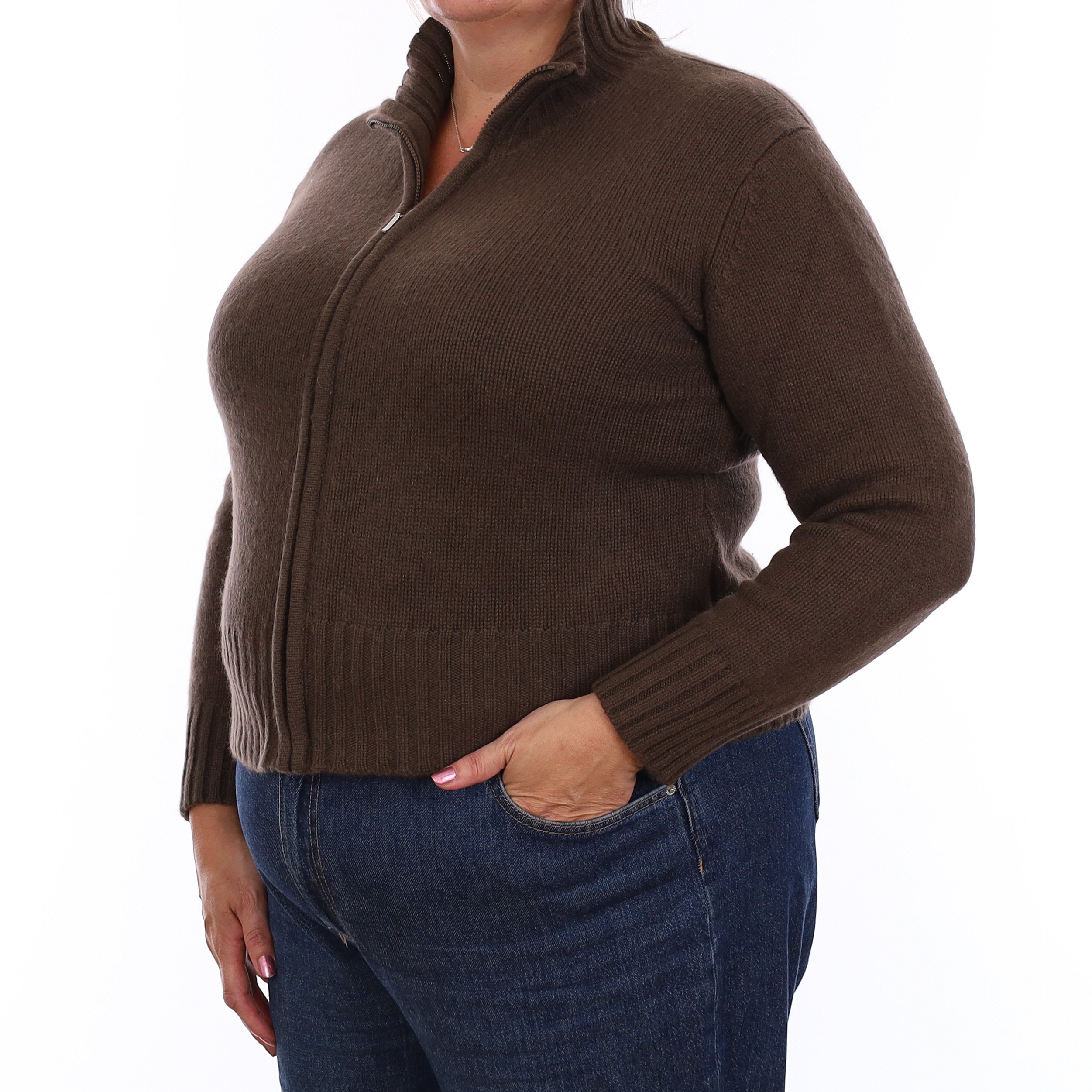 Chocolate Brown Chunky Cashmere Zip Up Turtle Neck Cardigan Extra Large