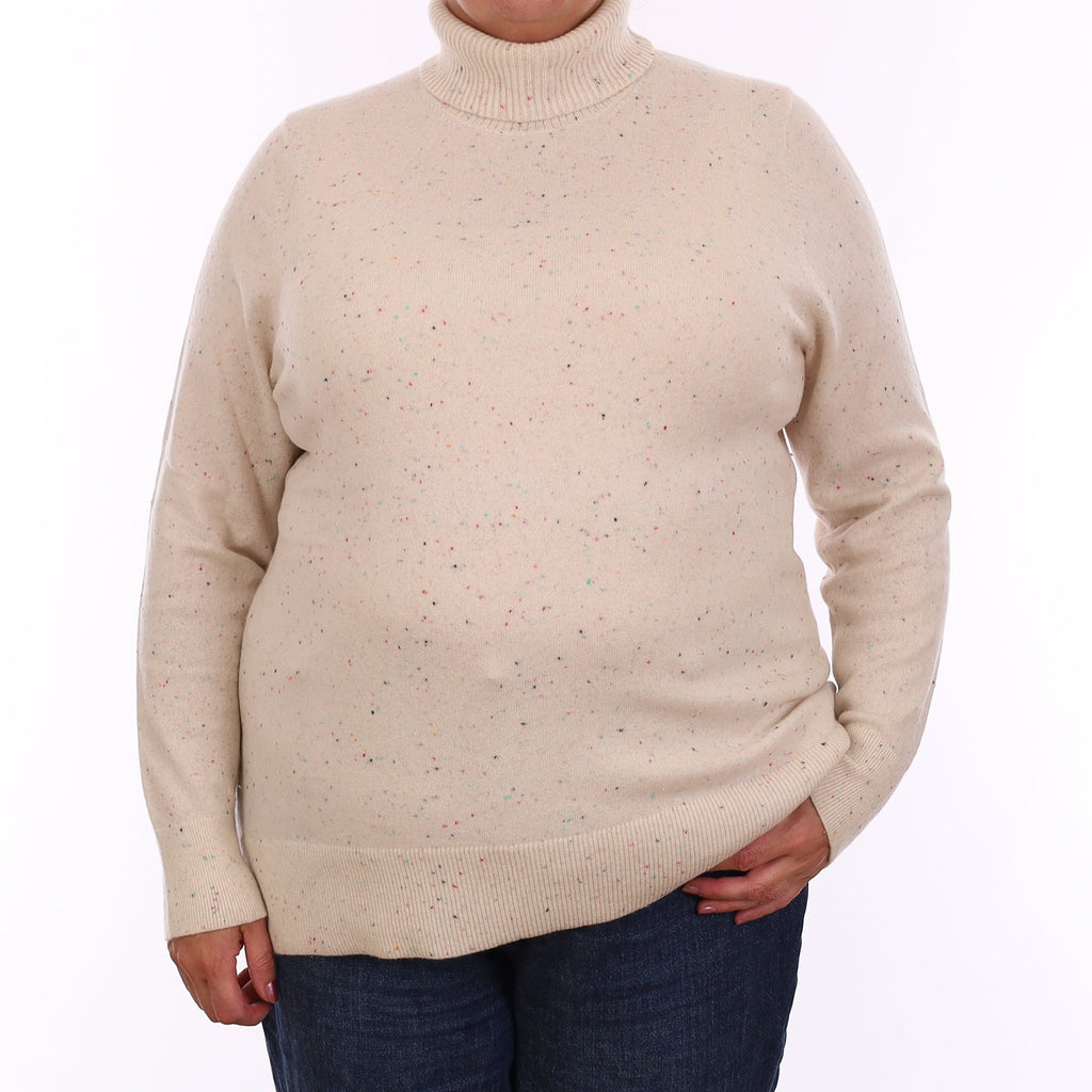 Cream Multicolour Fleck Cashmere Polo Neck Jumper Extra Large
