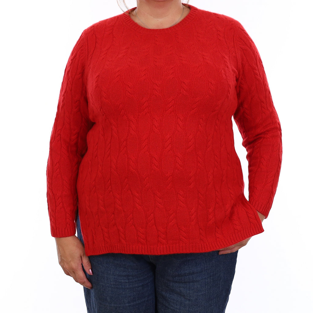 Scarlet Red Chunky Cable Cashmere Crew Neck Jumper Extra Large