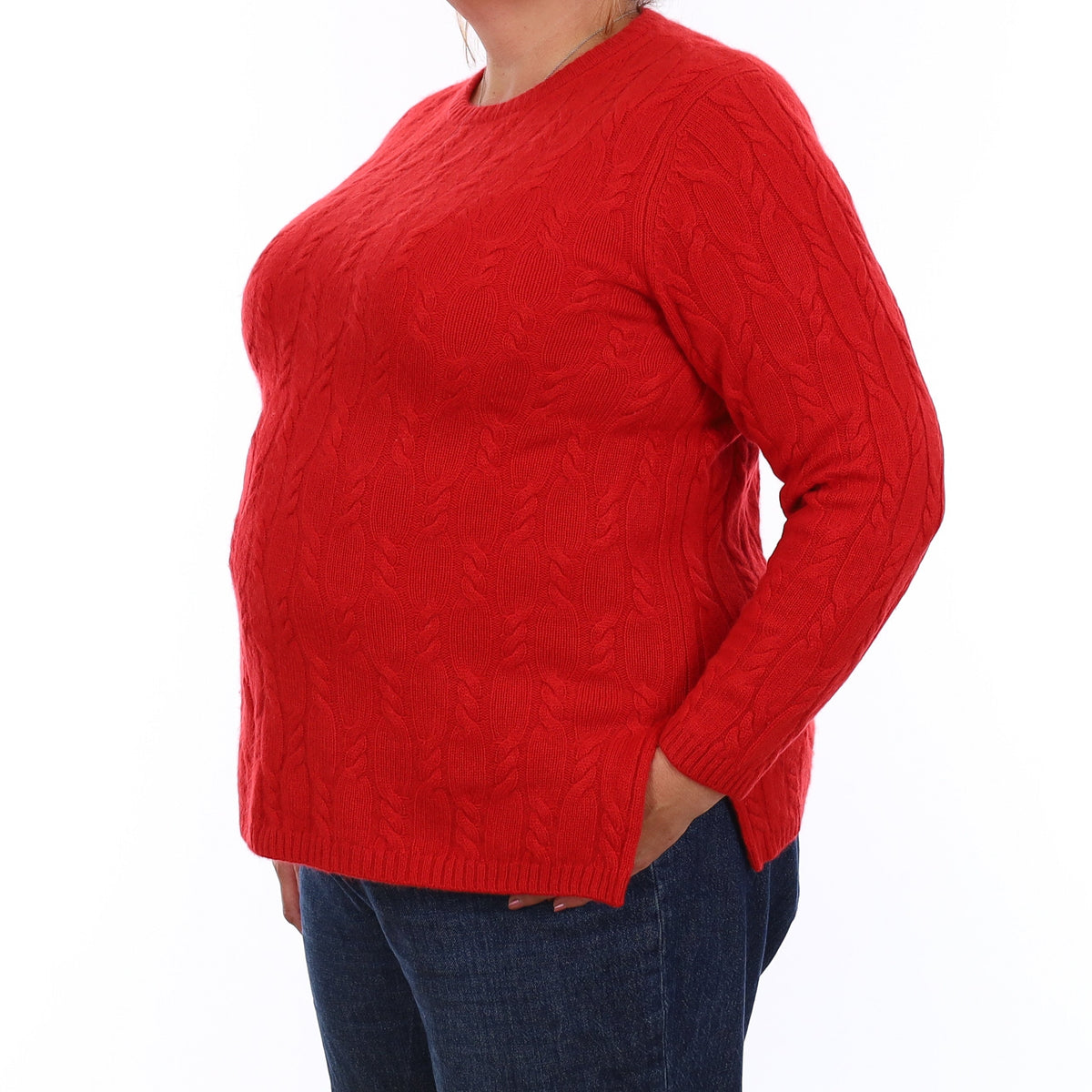 Scarlet Red Chunky Cable Cashmere Crew Neck Jumper Extra Large