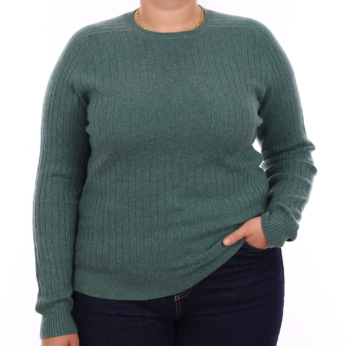 Sea Green Rib Cashmere Crew Neck Jumper Large