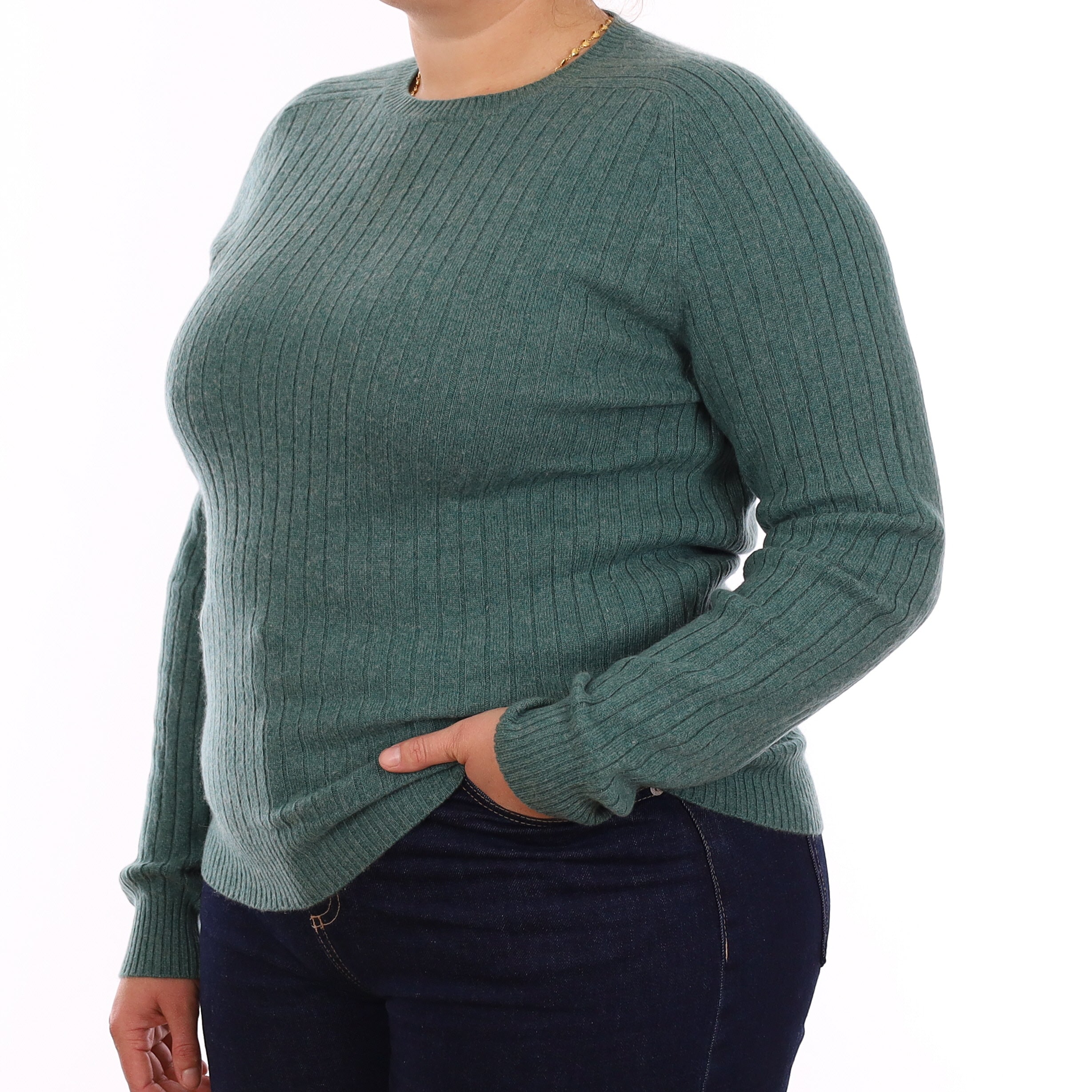 Sea Green Rib Cashmere Crew Neck Jumper Large