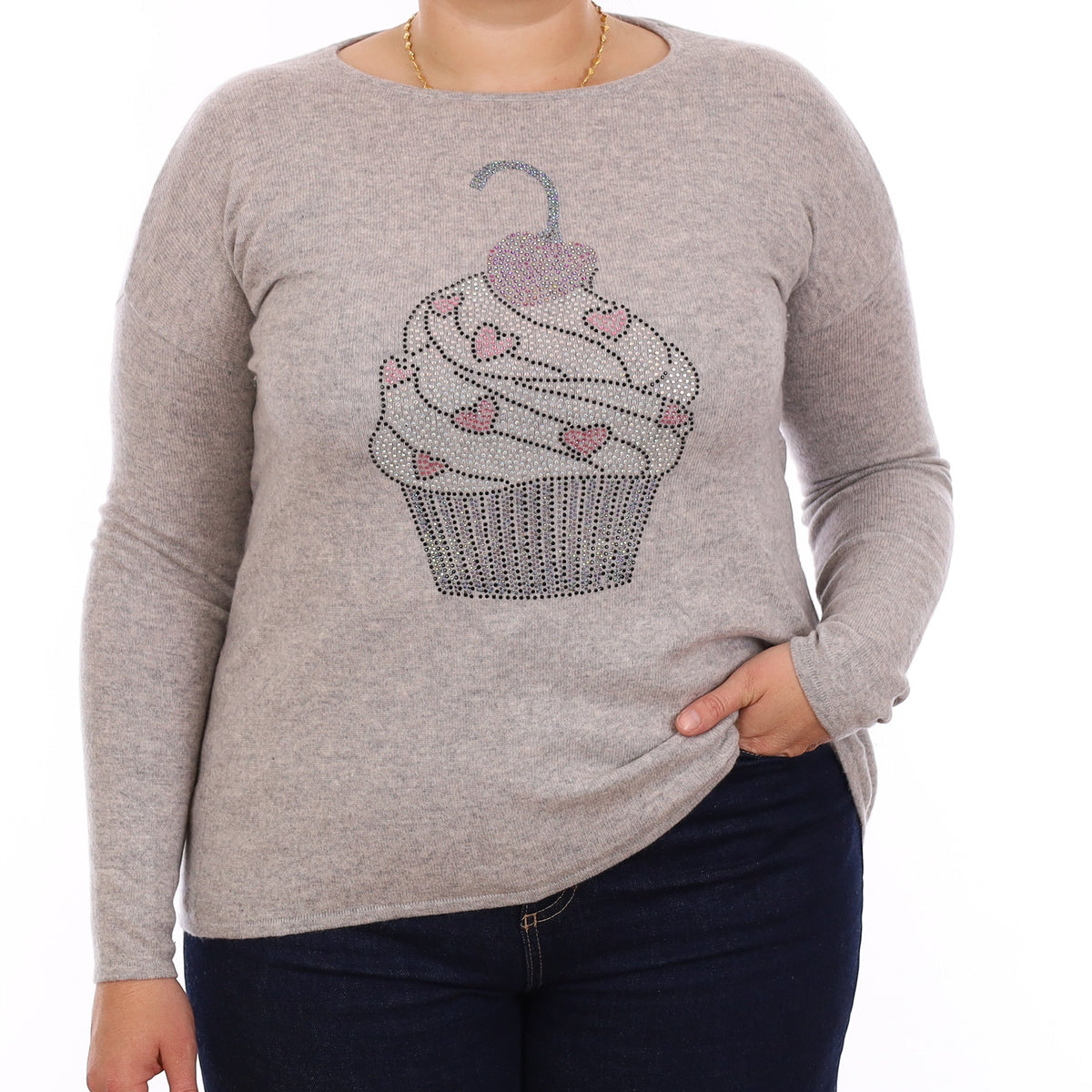 Grey Diamanté Cup Cake Cashmere Crew Neck Jumper Large