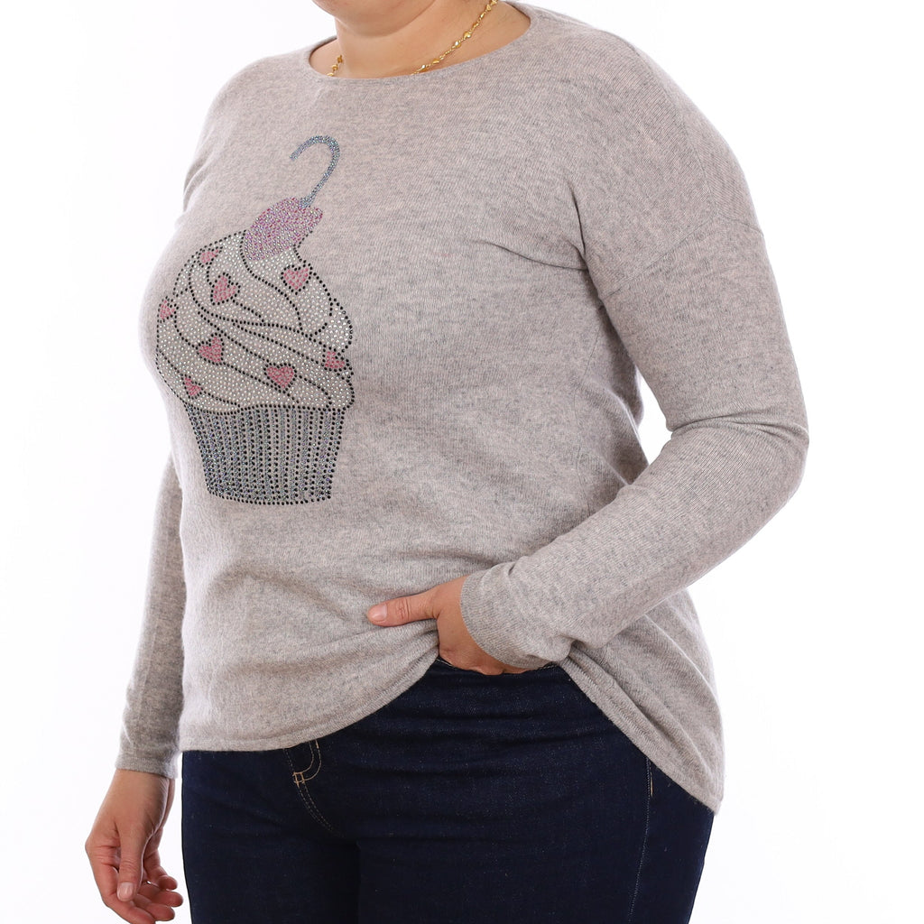 Grey Diamanté Cup Cake Cashmere Crew Neck Jumper Large