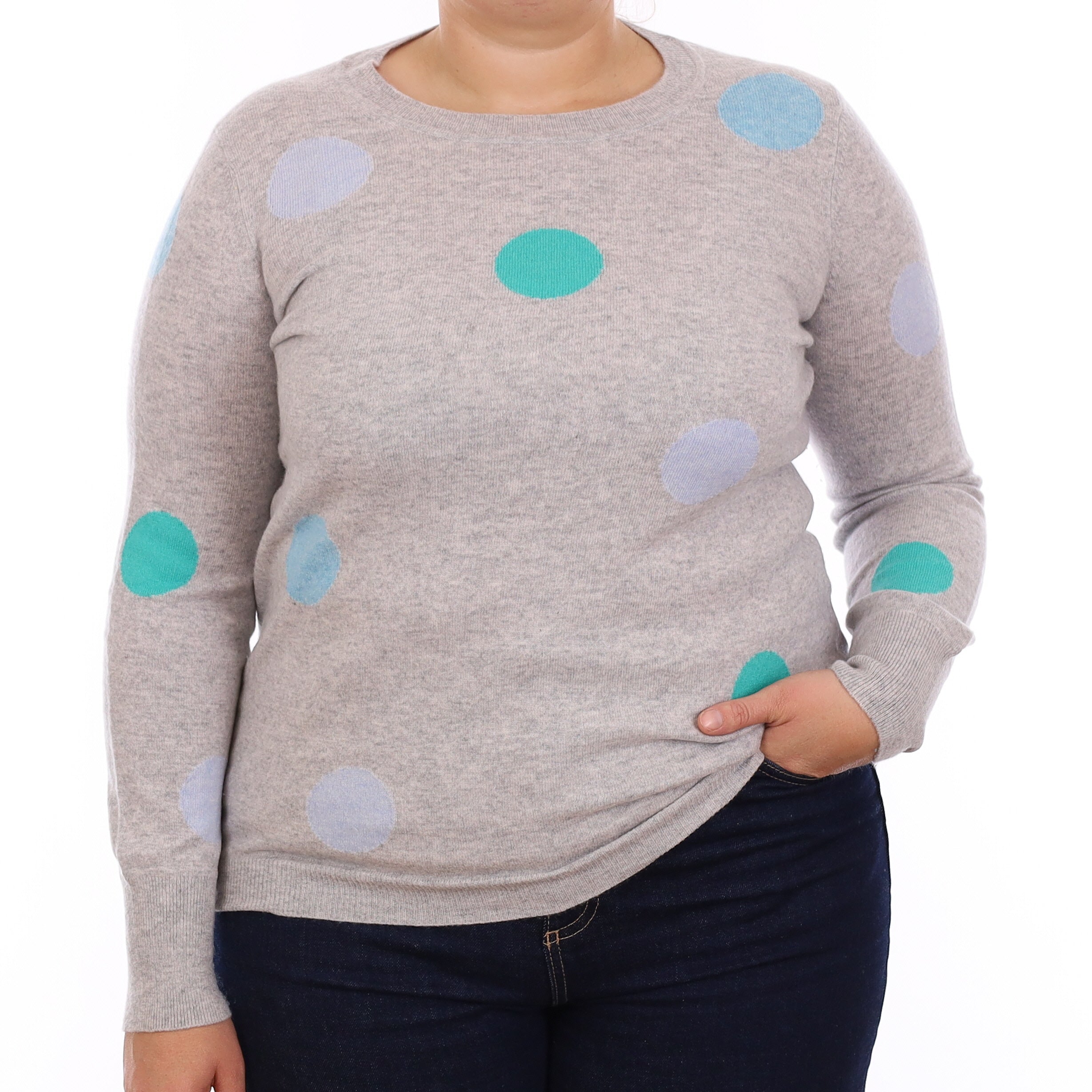Grey and Aqua Spotted Cashmere Crew Neck Jumper Large