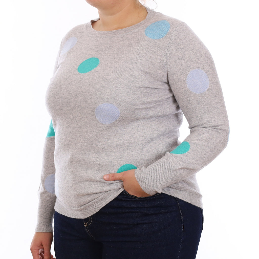 Grey and Aqua Spotted Cashmere Crew Neck Jumper Large