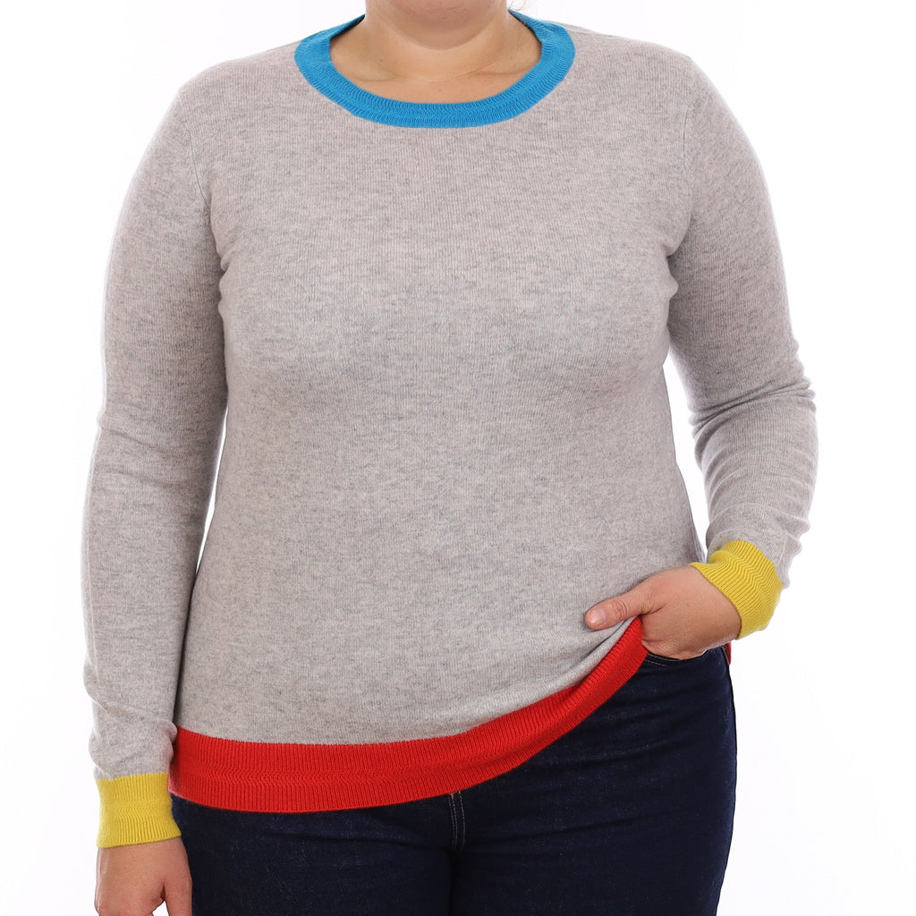 Grey Colourful Trim Cashmere Crew Neck Jumper Large