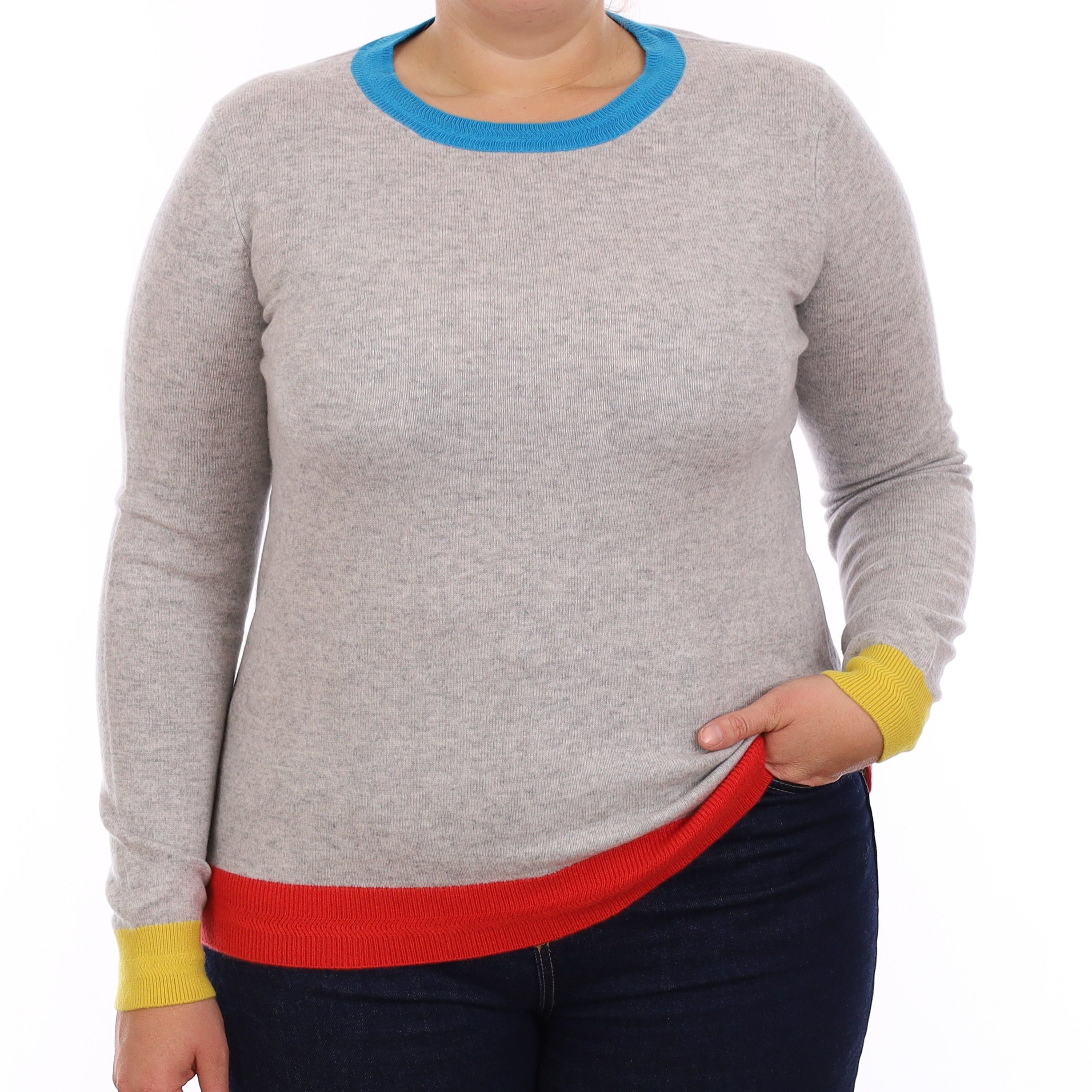 Grey Colourful Trim Cashmere Crew Neck Jumper Large