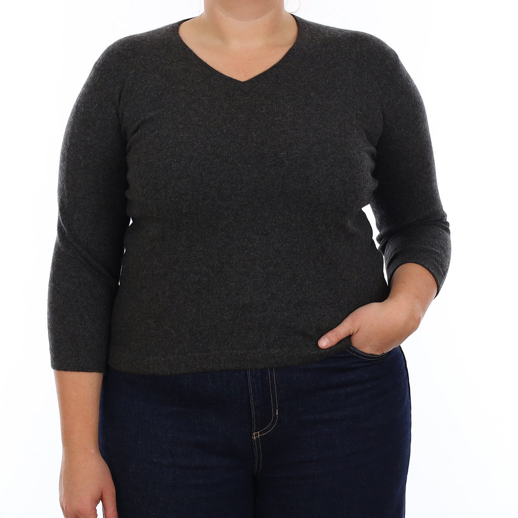 Charcoal Grey Cashmere V Neck Jumper Large