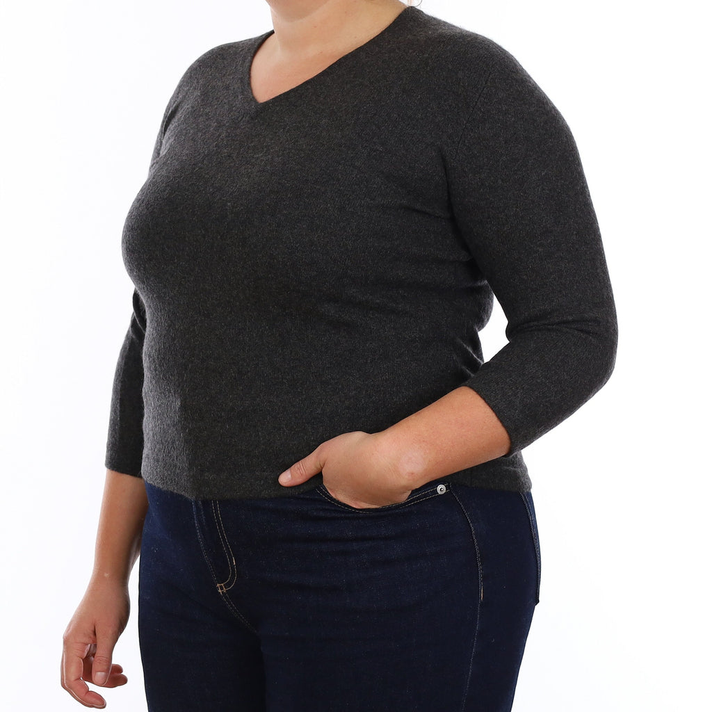 Charcoal Grey Cashmere V Neck Jumper Large