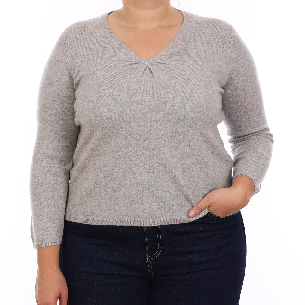 Smoke Grey Cashmere Rouged V Neck Jumper Large