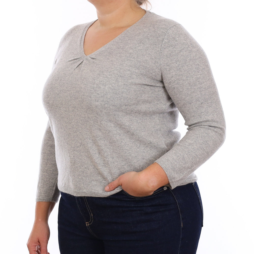 Smoke Grey Cashmere Rouged V Neck Jumper Large