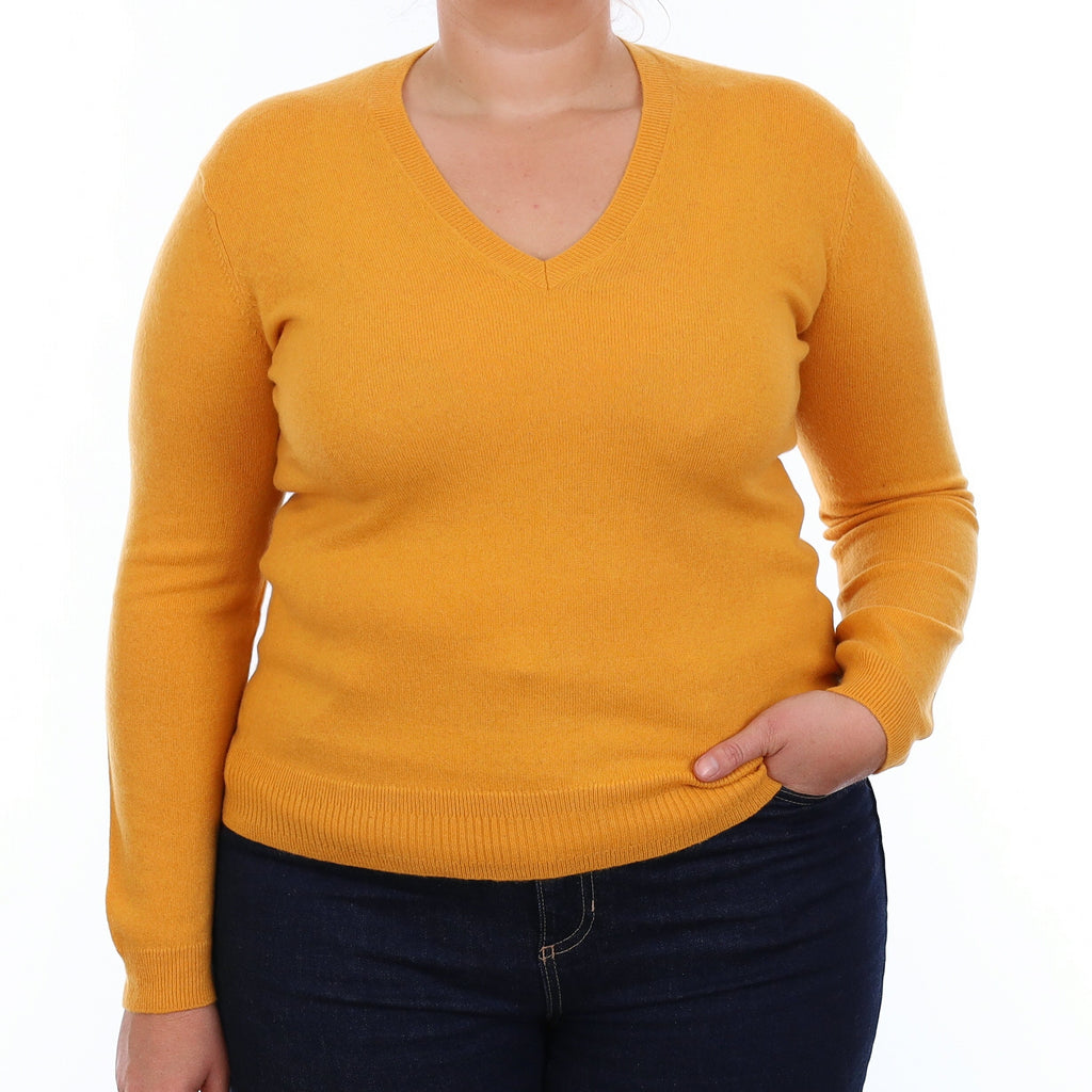 Marigold Orange Cashmere V Neck Jumper Large