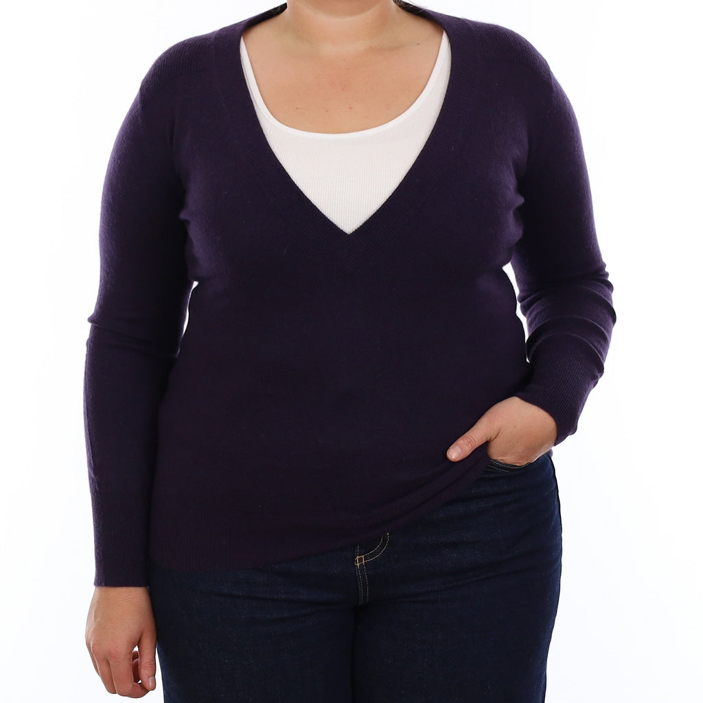 Shadow Purple Cashmere Low V Neck Jumper Large