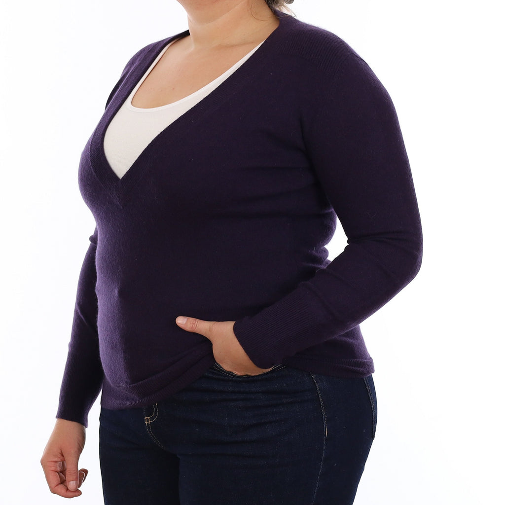 Shadow Purple Cashmere Low V Neck Jumper Large
