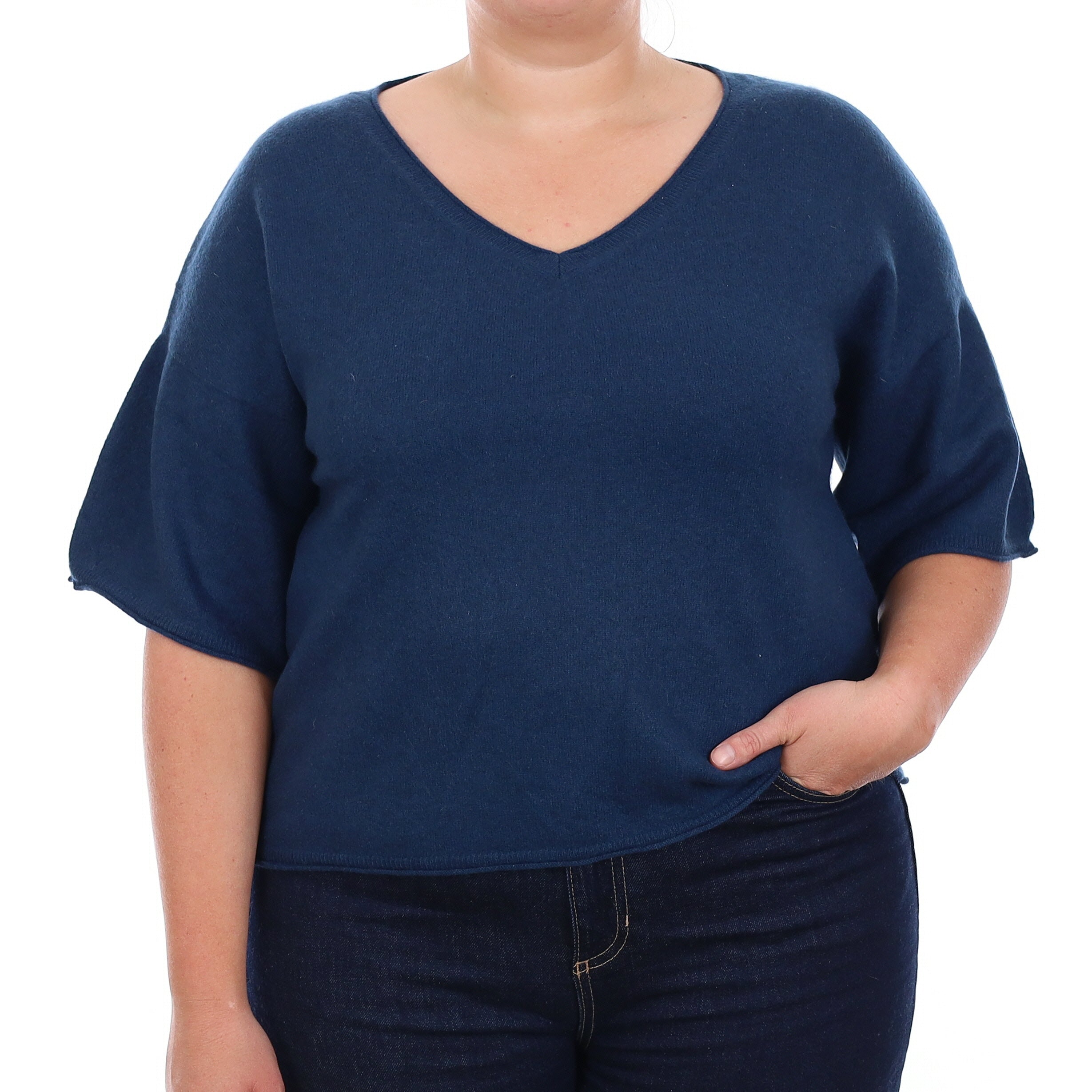 Petrol Blue Cashmere Short Sleeve V Neck Jumper Large