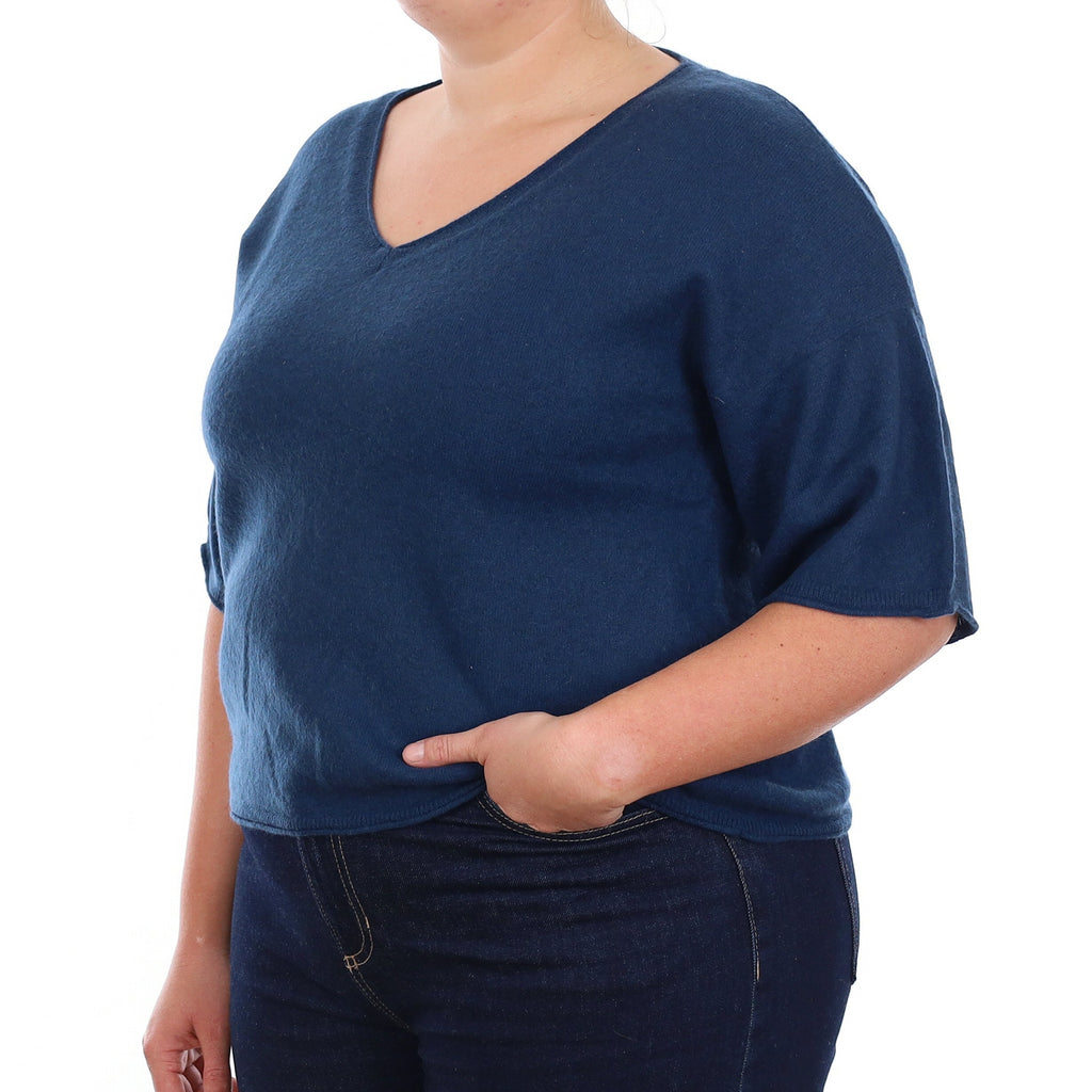 Petrol Blue Cashmere Short Sleeve V Neck Jumper Large