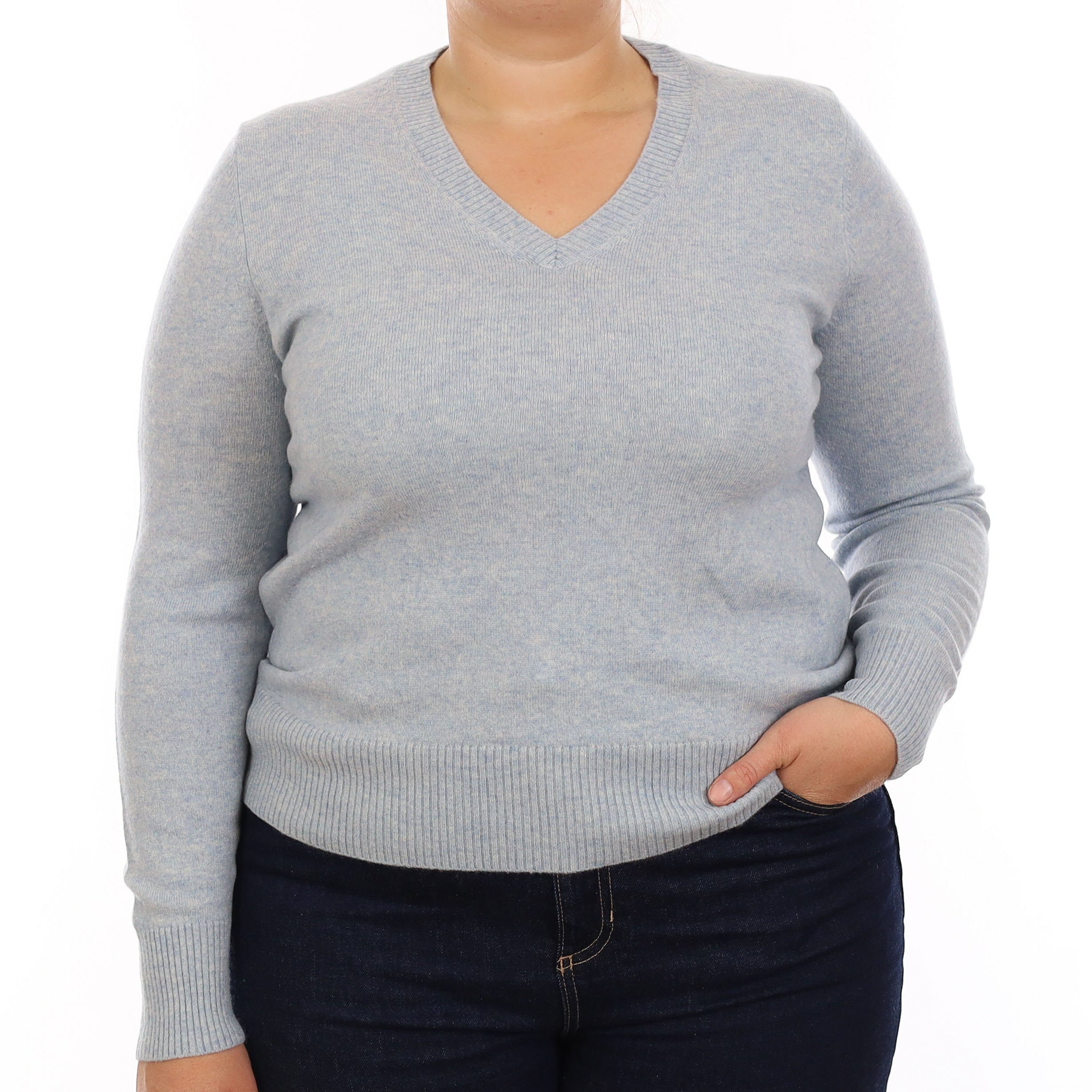 Sky Blue Marl Cashmere V Neck Jumper Large