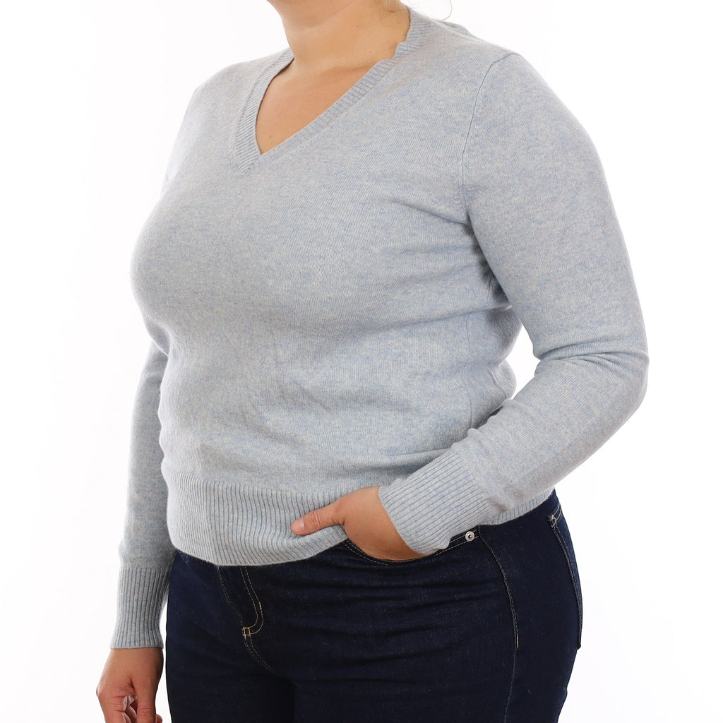 Sky Blue Marl Cashmere V Neck Jumper Large