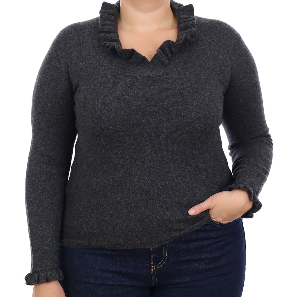 Granite Grey Cashmere Ruffle Edged V Neck Jumper Large