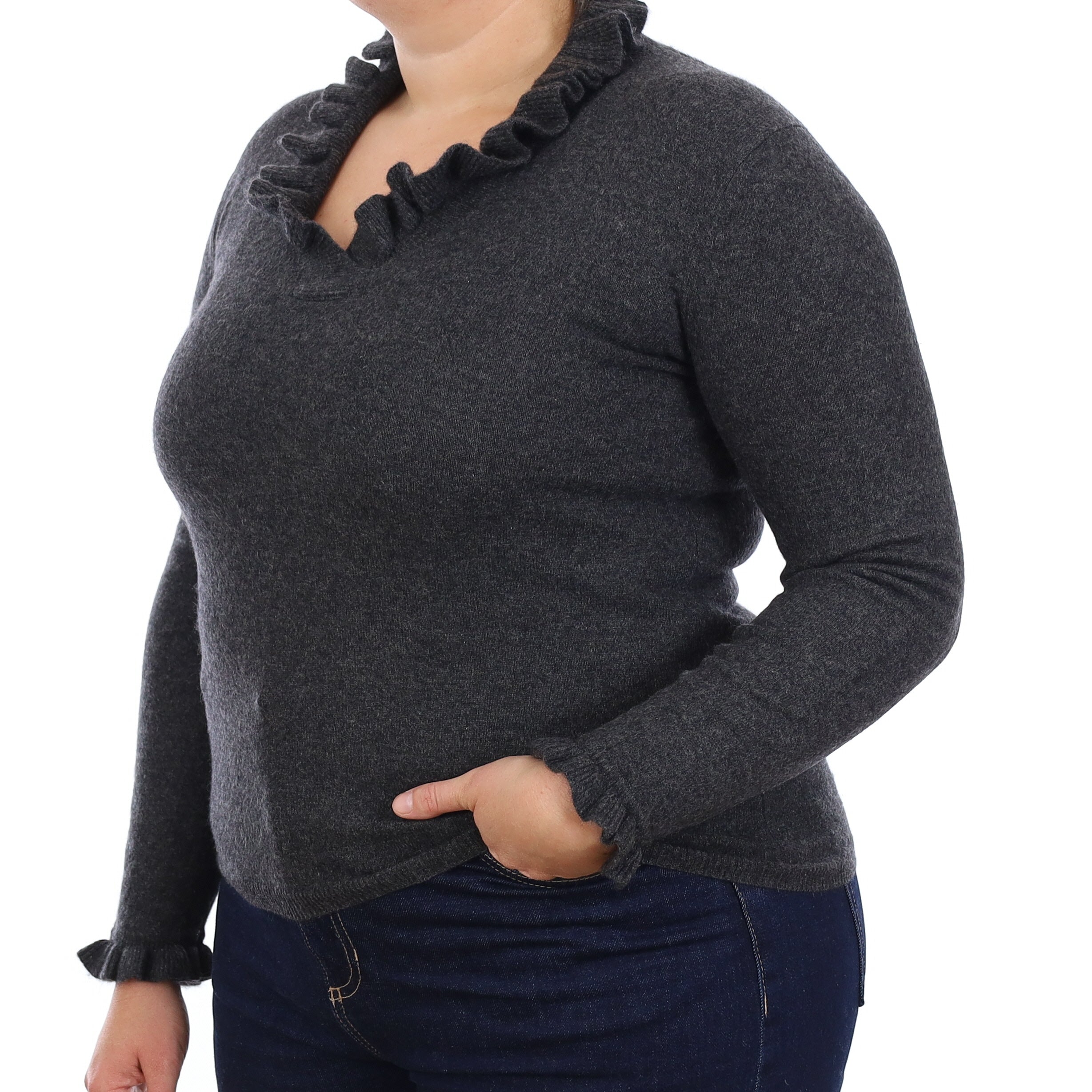 Granite Grey Cashmere Ruffle Edged V Neck Jumper Large