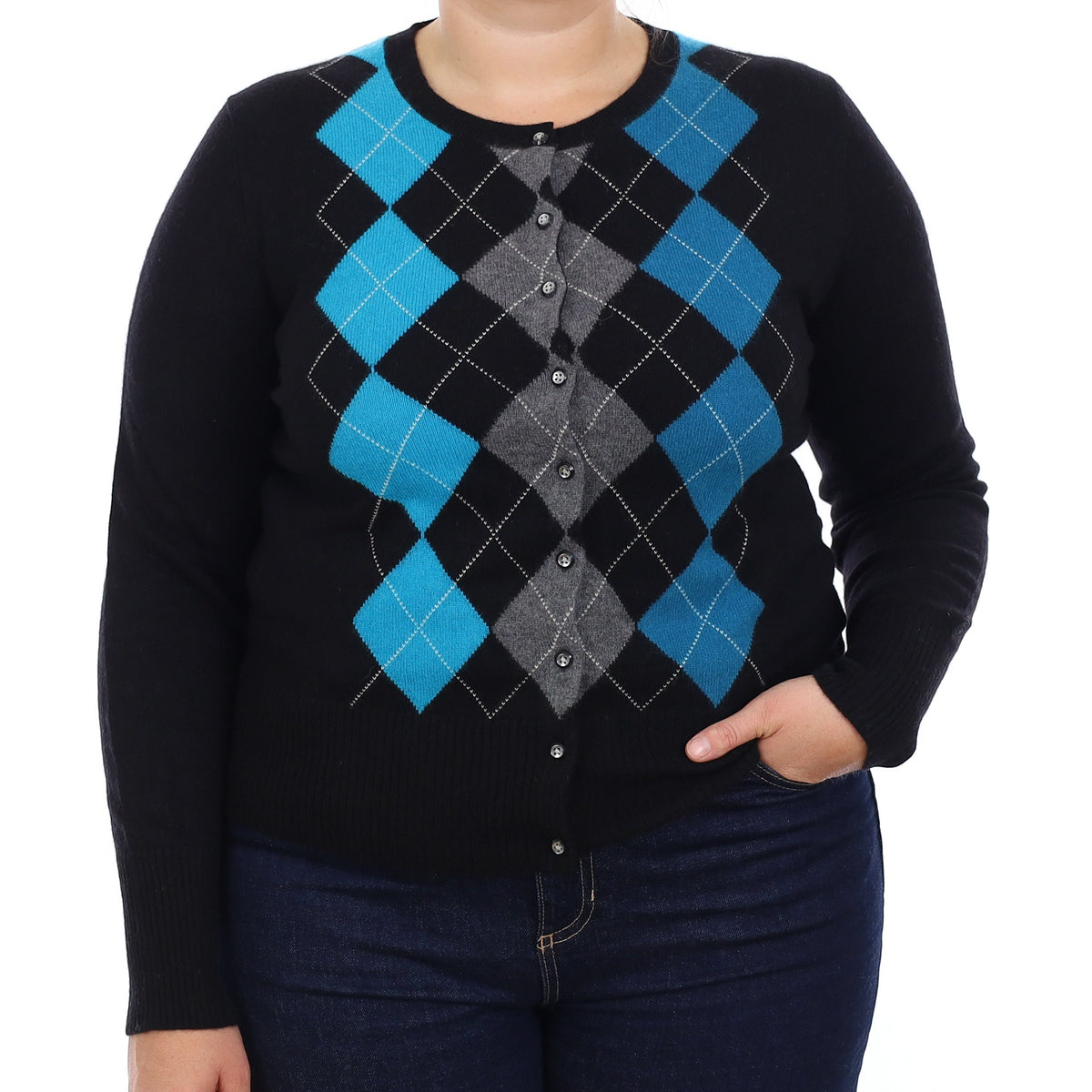 Black & Turquoise Argyle Cashmere Crew Neck Cardigan Large