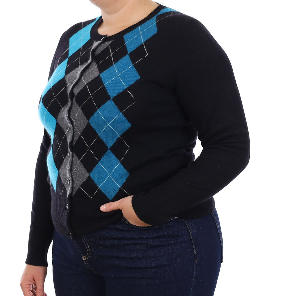 Black & Turquoise Argyle Cashmere Crew Neck Cardigan Large