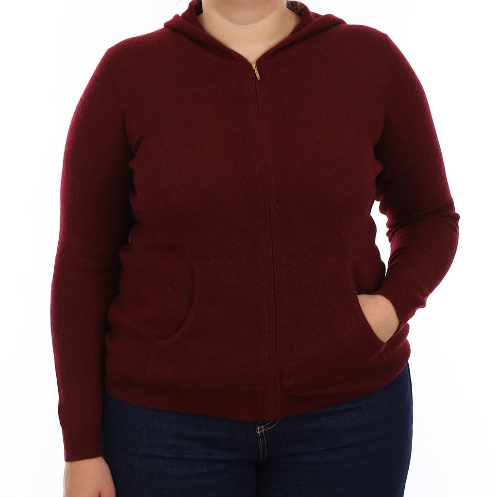 Burgundy Red Cashmere Zip Up Hoodie with Pockets Large