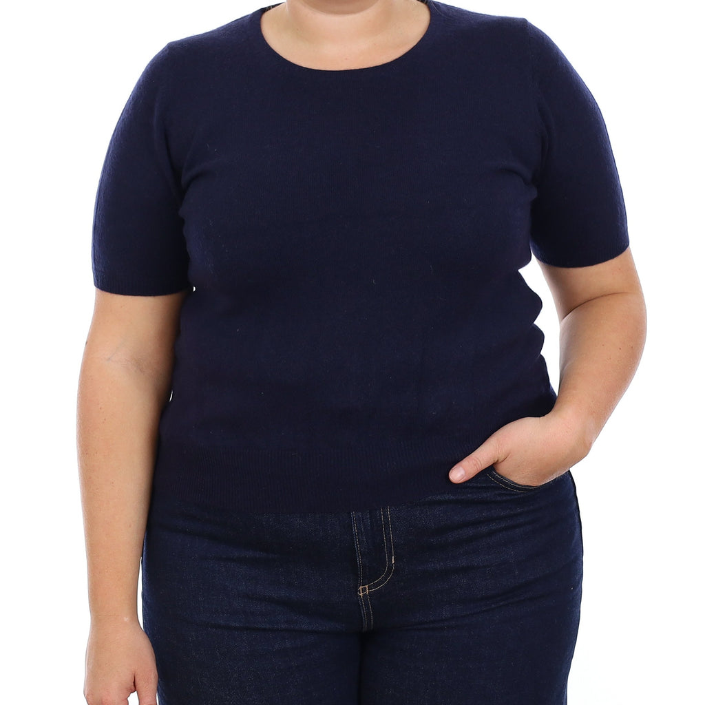 Navy Cashmere Short Sleeve Crew Neck Jumper Large