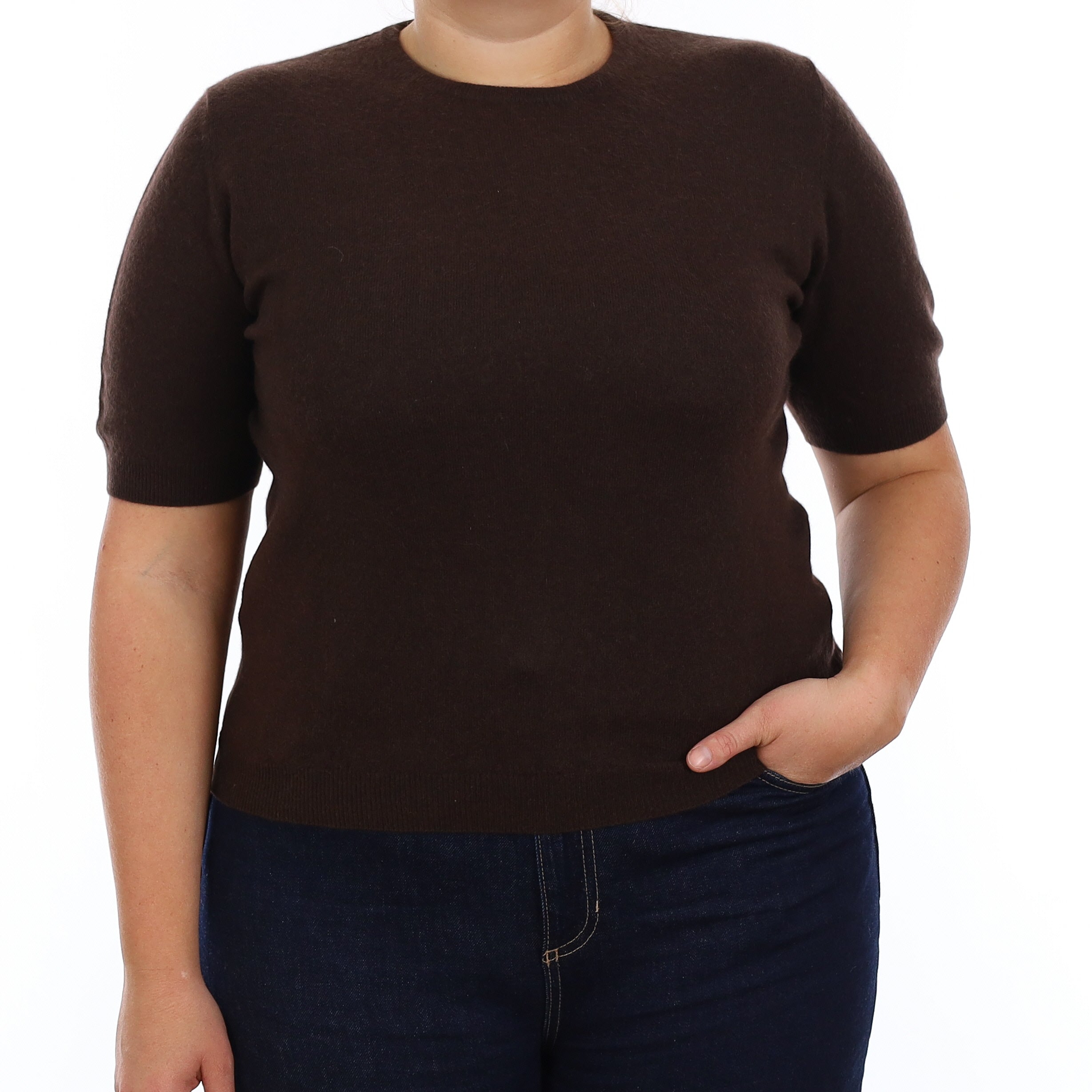 Dark Chocolate Brown Cashmere Short Sleeve Crew Neck Jumper Large