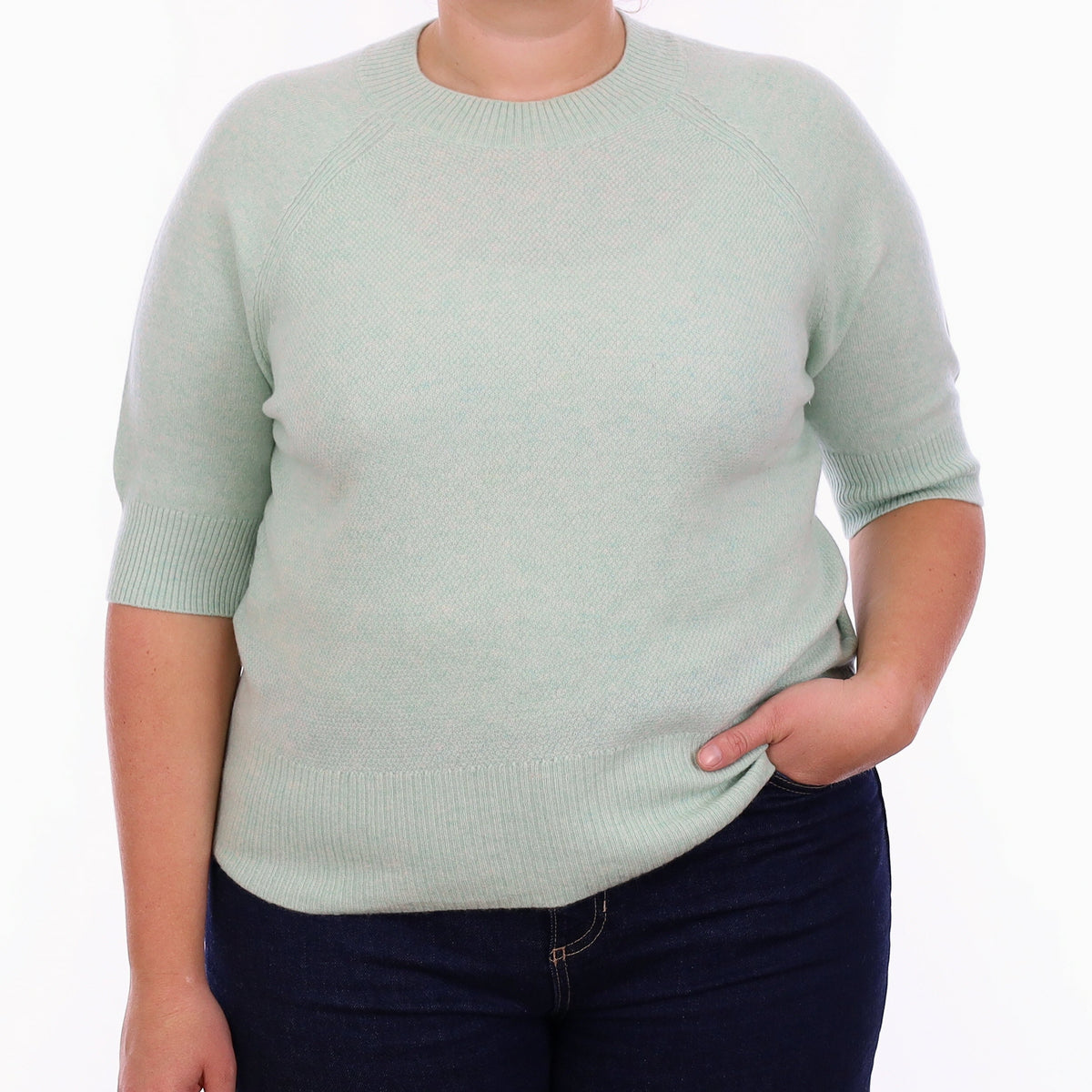Deep Mint Green Cashmere Short Sleeve Crew Neck Jumper Large