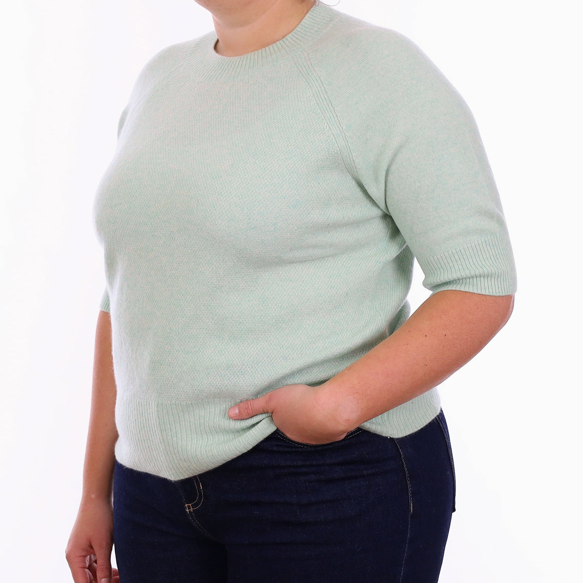Deep Mint Green Cashmere Short Sleeve Crew Neck Jumper Large