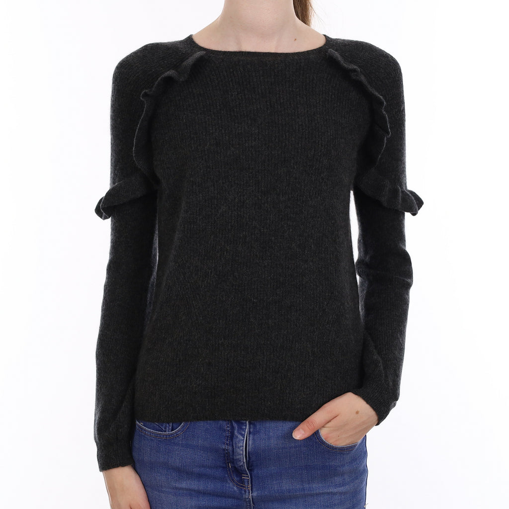 Charcoal Grey Cashmere Ruffled Crew Neck Jumper Extra Small