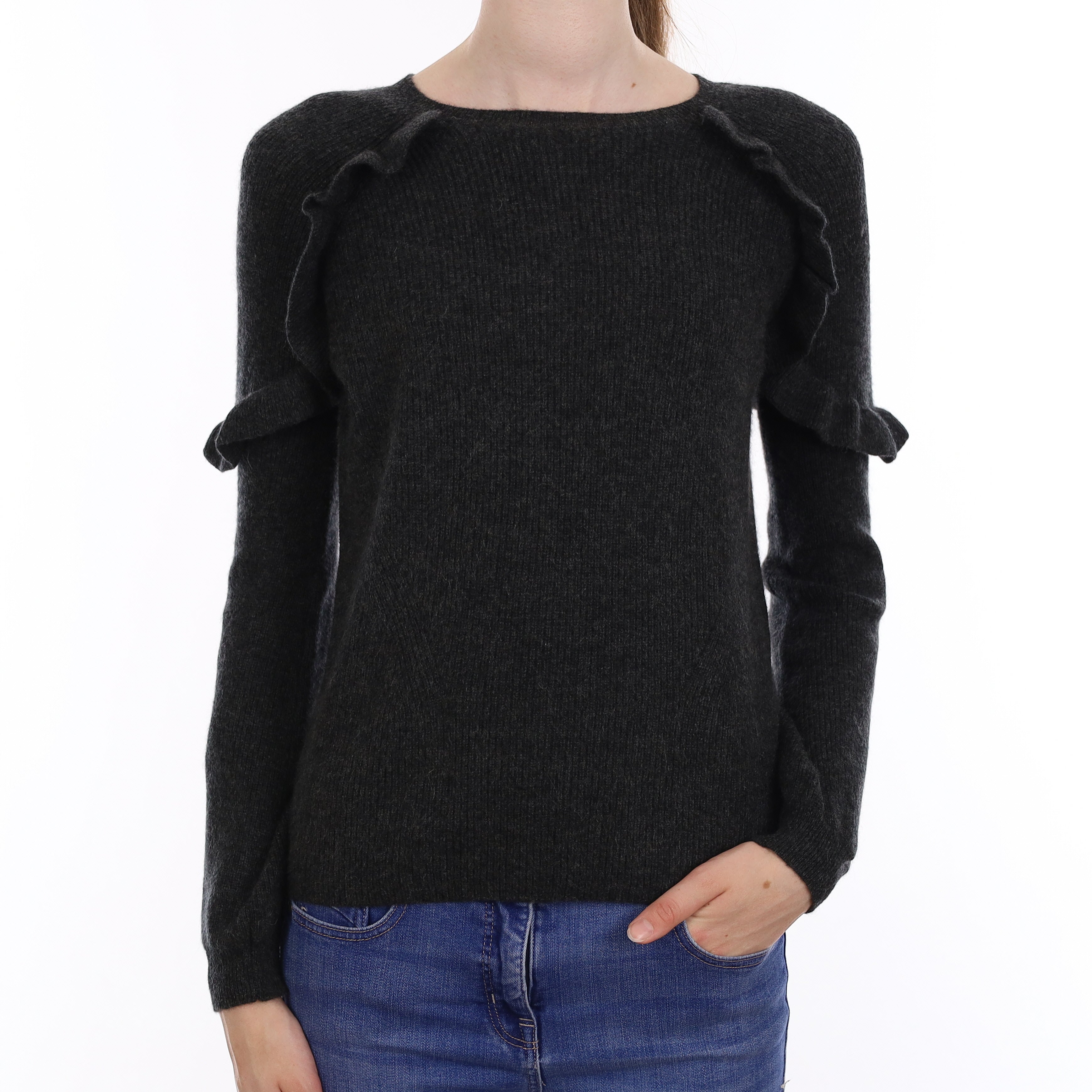 Charcoal Grey Cashmere Ruffled Crew Neck Jumper Extra Small